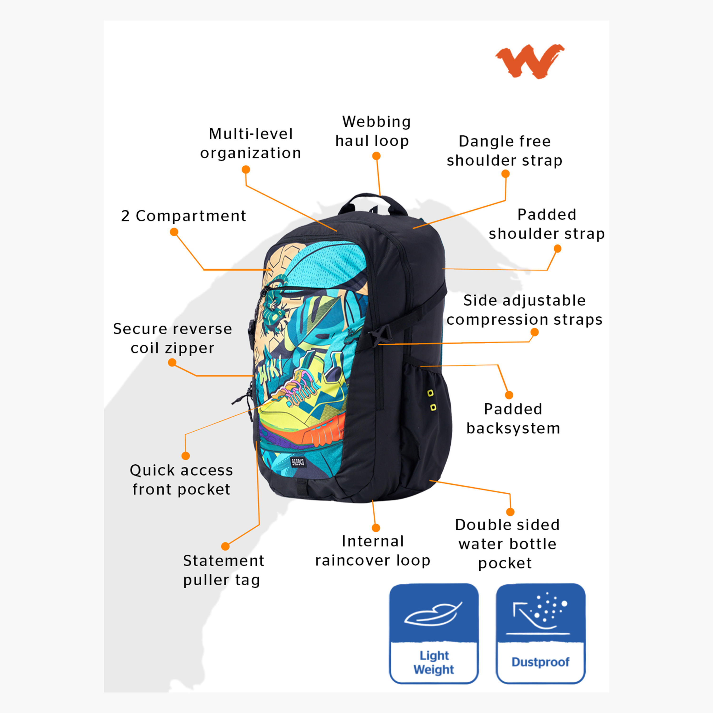 Wildcraft Wiki Printed School Backpack with Adjustable Shoulder Straps - 23x23x47 cms-school-bagsandbackpacks-backpacks-image-2