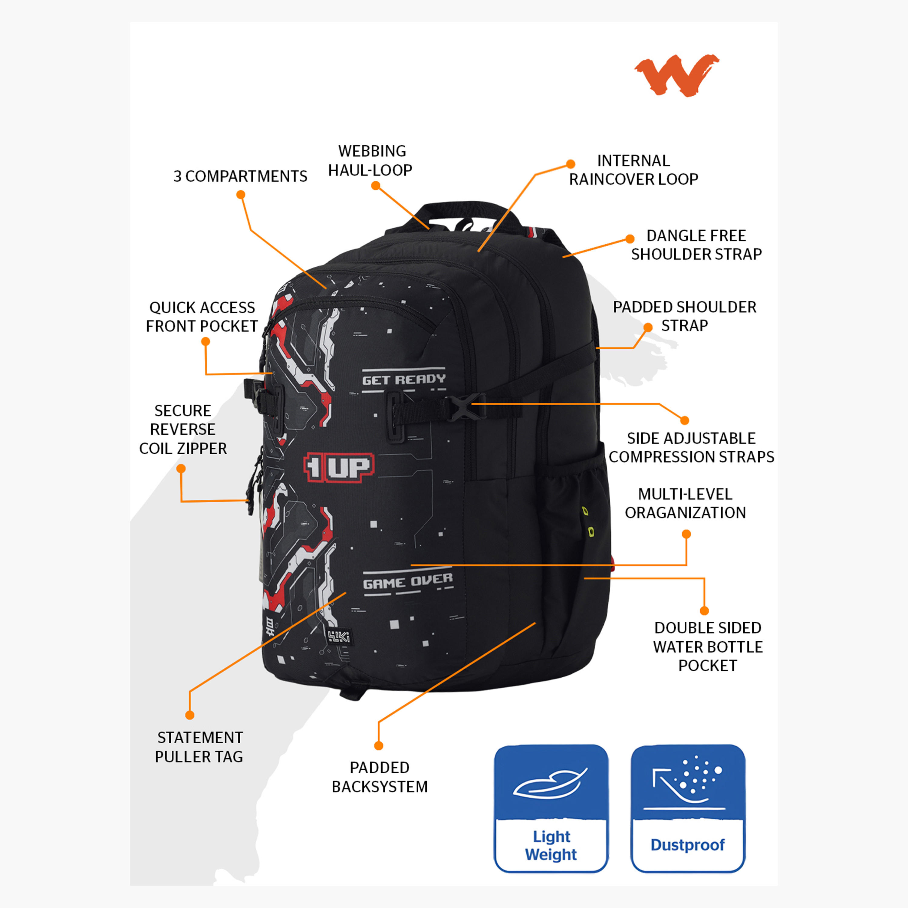 Wildcraft Wiki Gamer Print Backpack with Padded Straps - 25x25x50 cms-school-bagsandbackpacks-backpacks-image-2