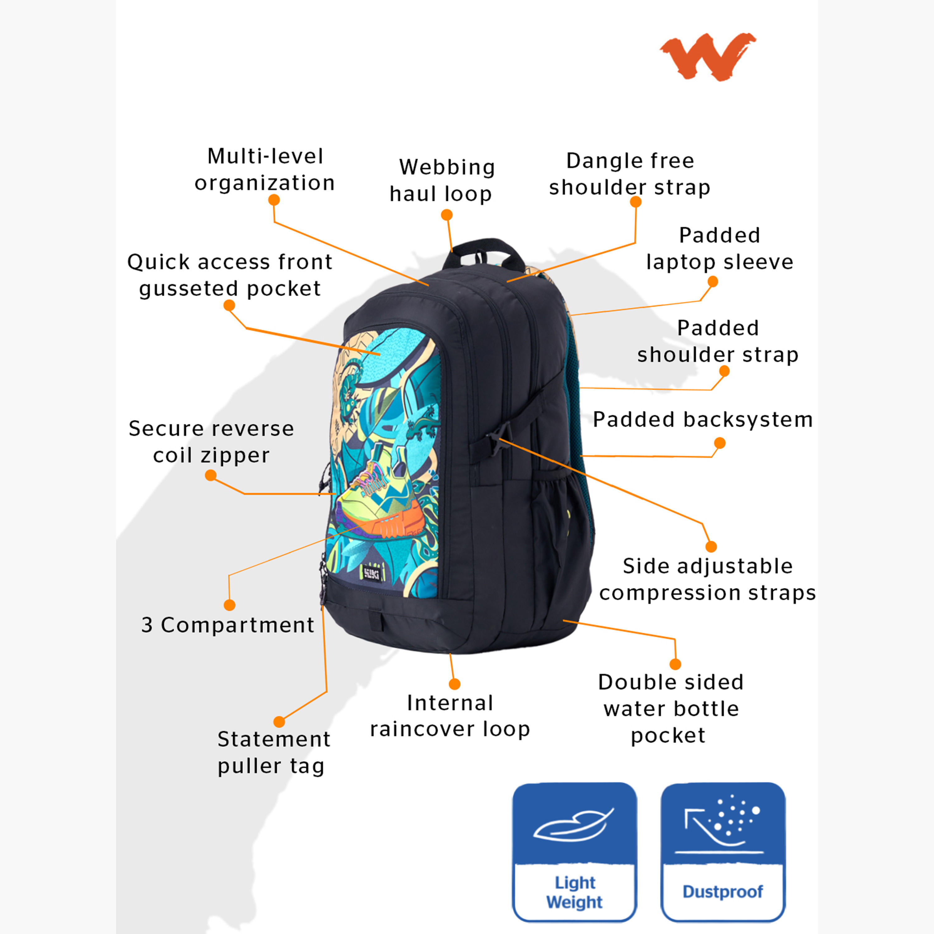 Wildcraft Wiki Printed Backpack with Adjustable Straps and Zip Closure - 25x25x50 cms-school-bagsandbackpacks-backpacks-image-2
