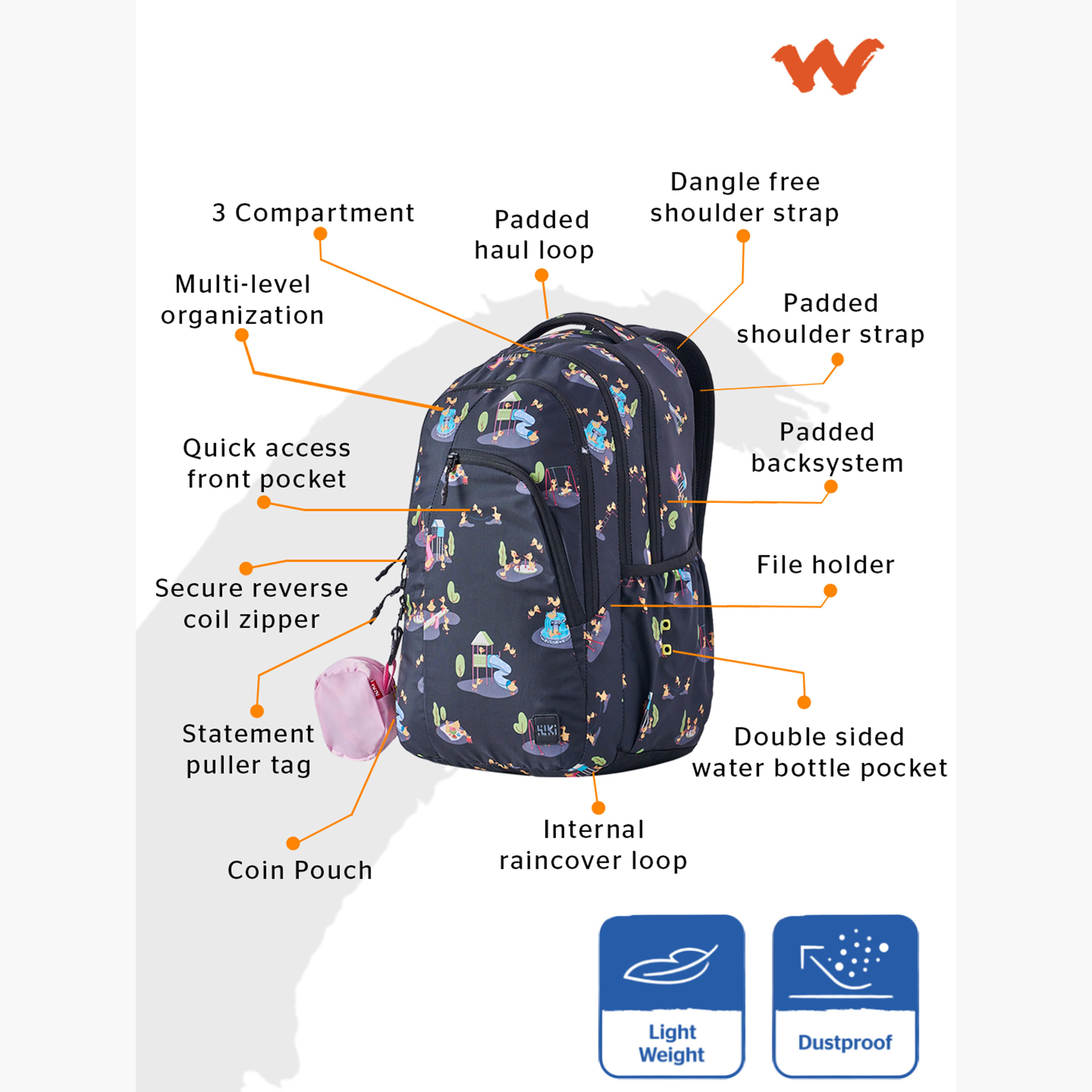 Wildcraft Wiki Printed Backpack with Detachable Pouch and Zip Closure - 23x23x44 cms-school-bagsandbackpacks-backpacks-image-2