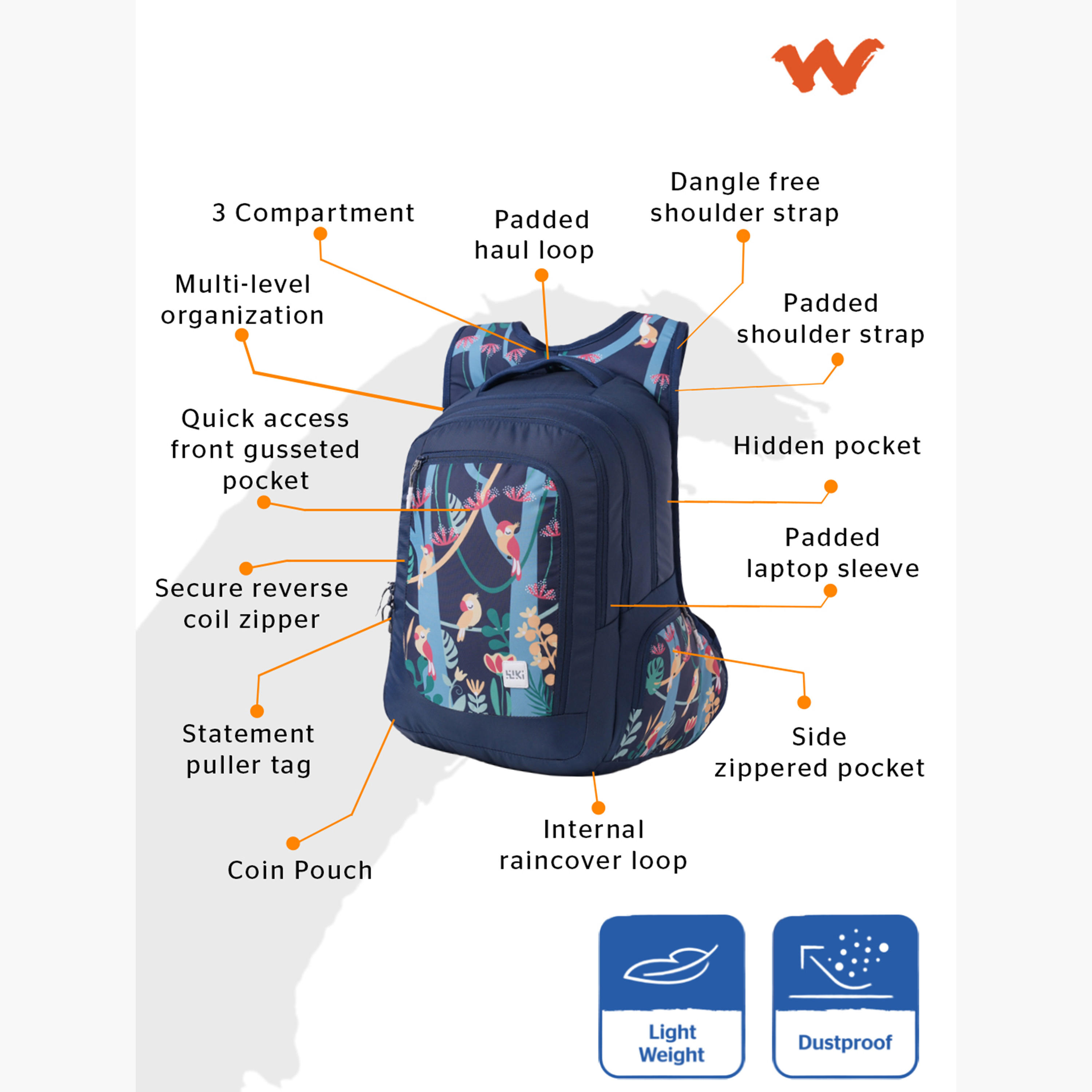 Wildcraft Wiki Tropical Print School Backpack with Coin Pouch - 23x23x47 cms-school-bagsandbackpacks-backpacks-image-5