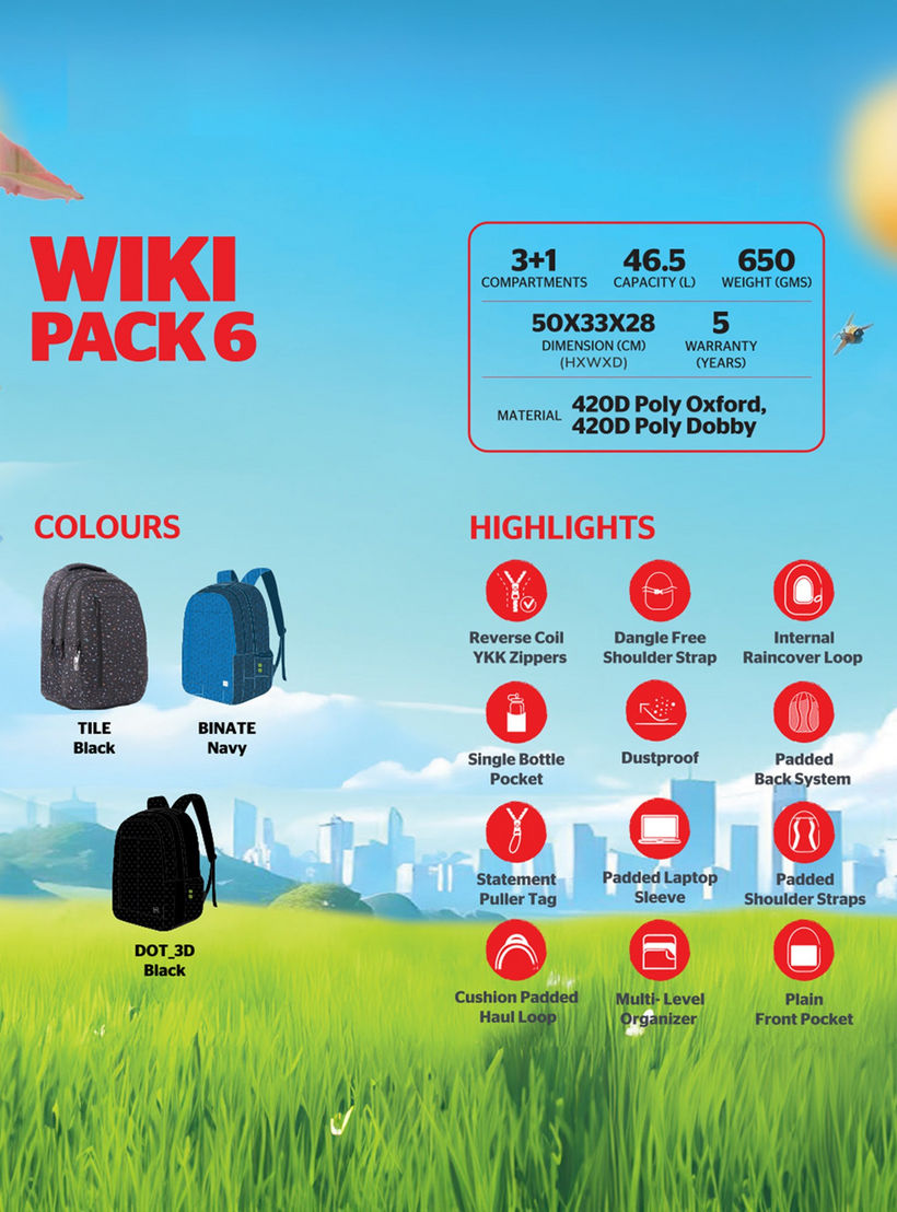 Wildcraft Wiki Printed School Backpack with Adjustable Shoulder Straps - 28x28x50 cms-school-bagsandbackpacks-backpacks-image-6