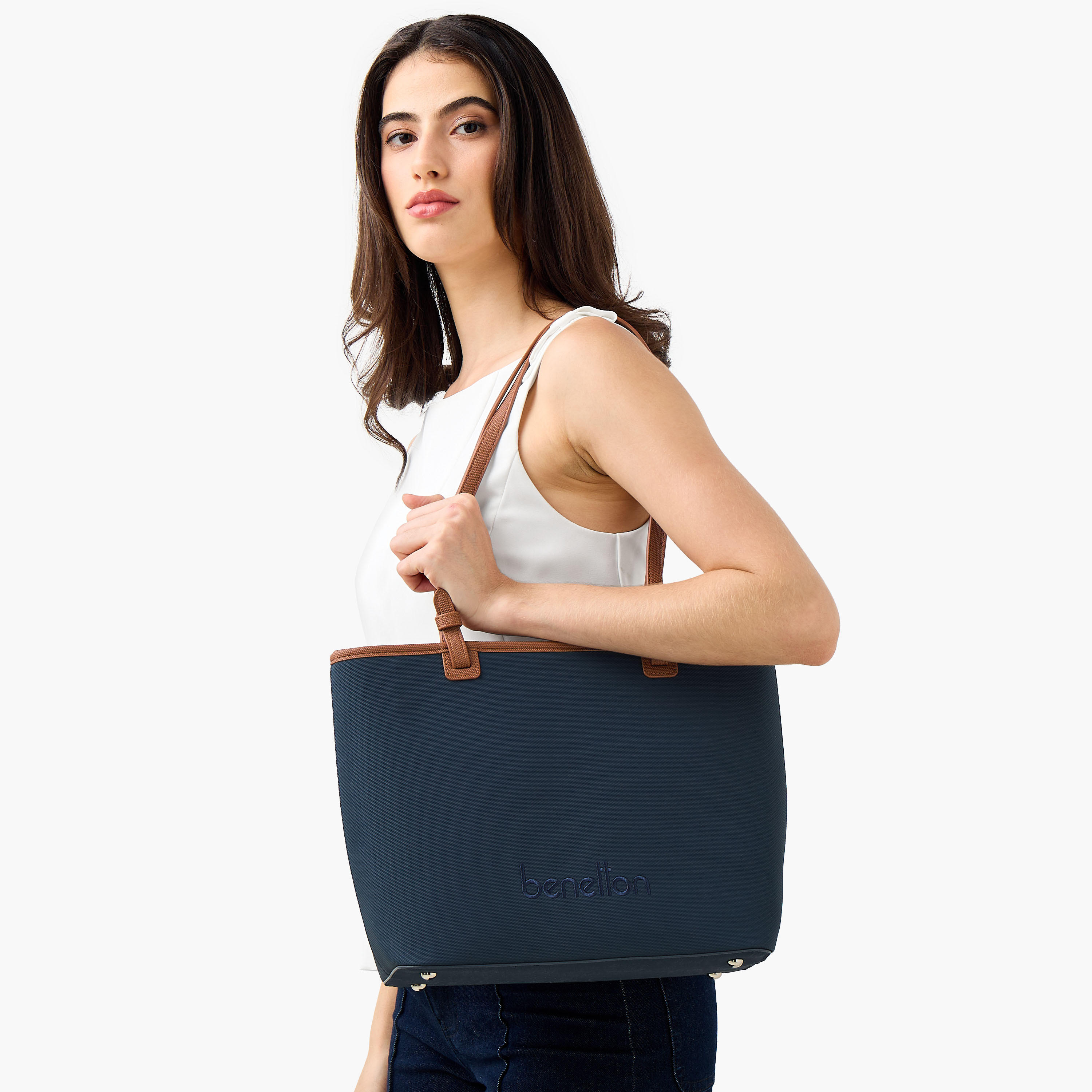 UCB Textured Logo Detail Tote Bag with Handles-women-bagsandwallets-handbags-image-1