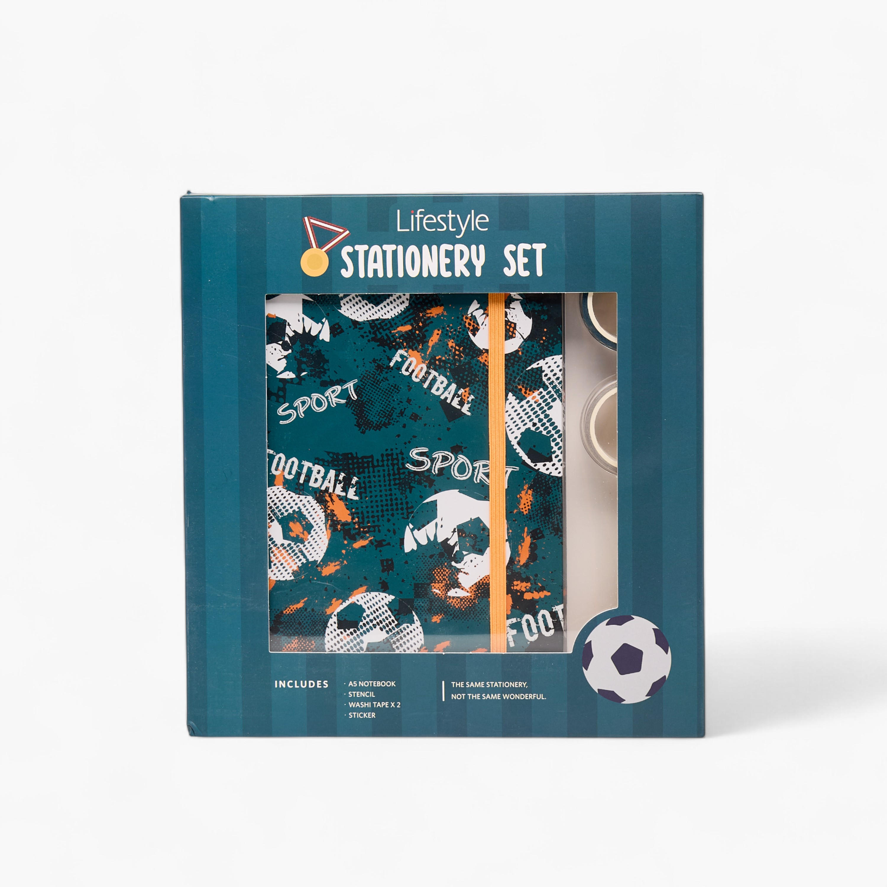 Football Print Stationery Set with Notebook, Tape, Stickers, Stencil - Set of 5-school-stationery-sets-image-1