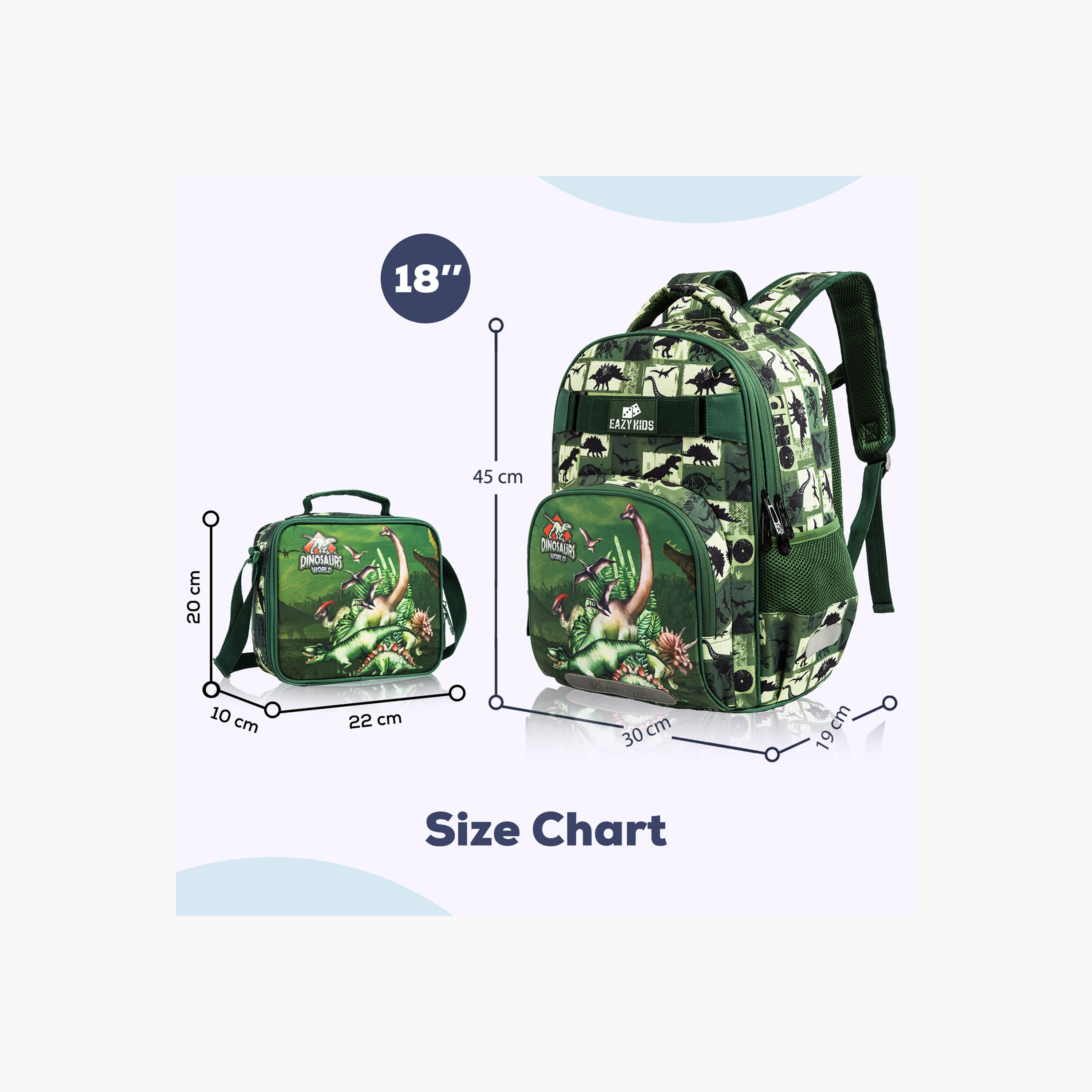 طقم شنط ظهر بطبعات ديناصور 18 بوصة 3 قطع من إيزي كيدز- 19×40×30 سم-school-bagsandbackpacks-sets-image-2