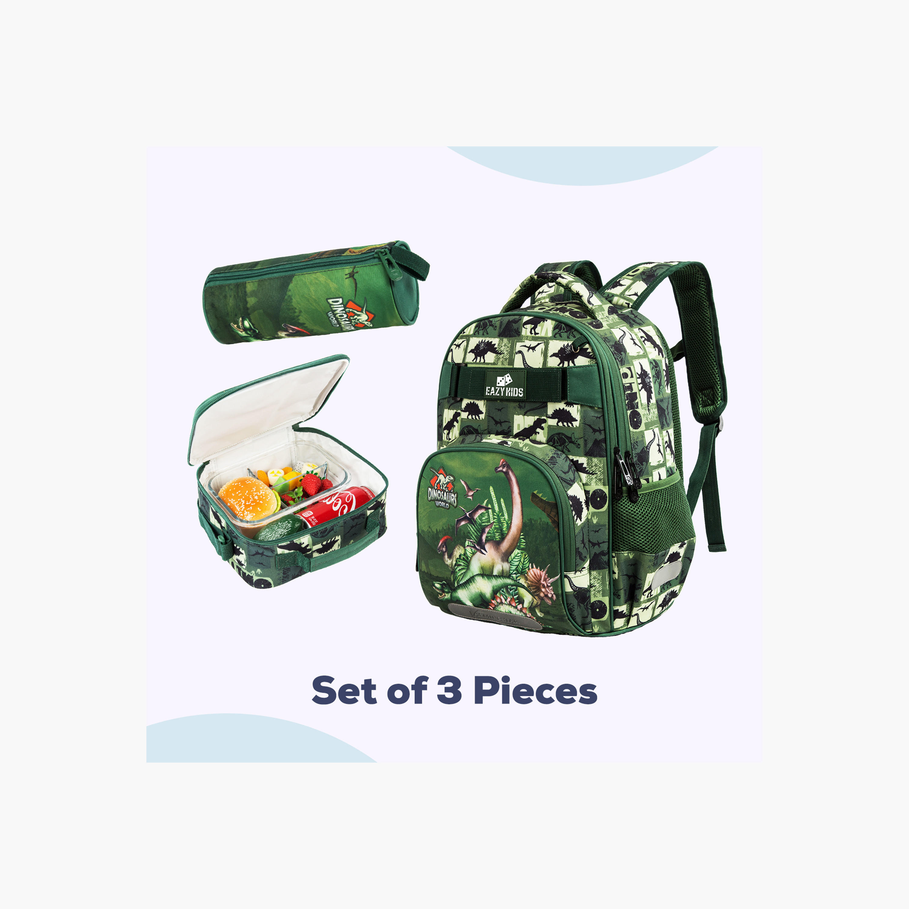 طقم شنط ظهر بطبعات ديناصور 18 بوصة 3 قطع من إيزي كيدز- 19×40×30 سم-school-bagsandbackpacks-sets-image-4