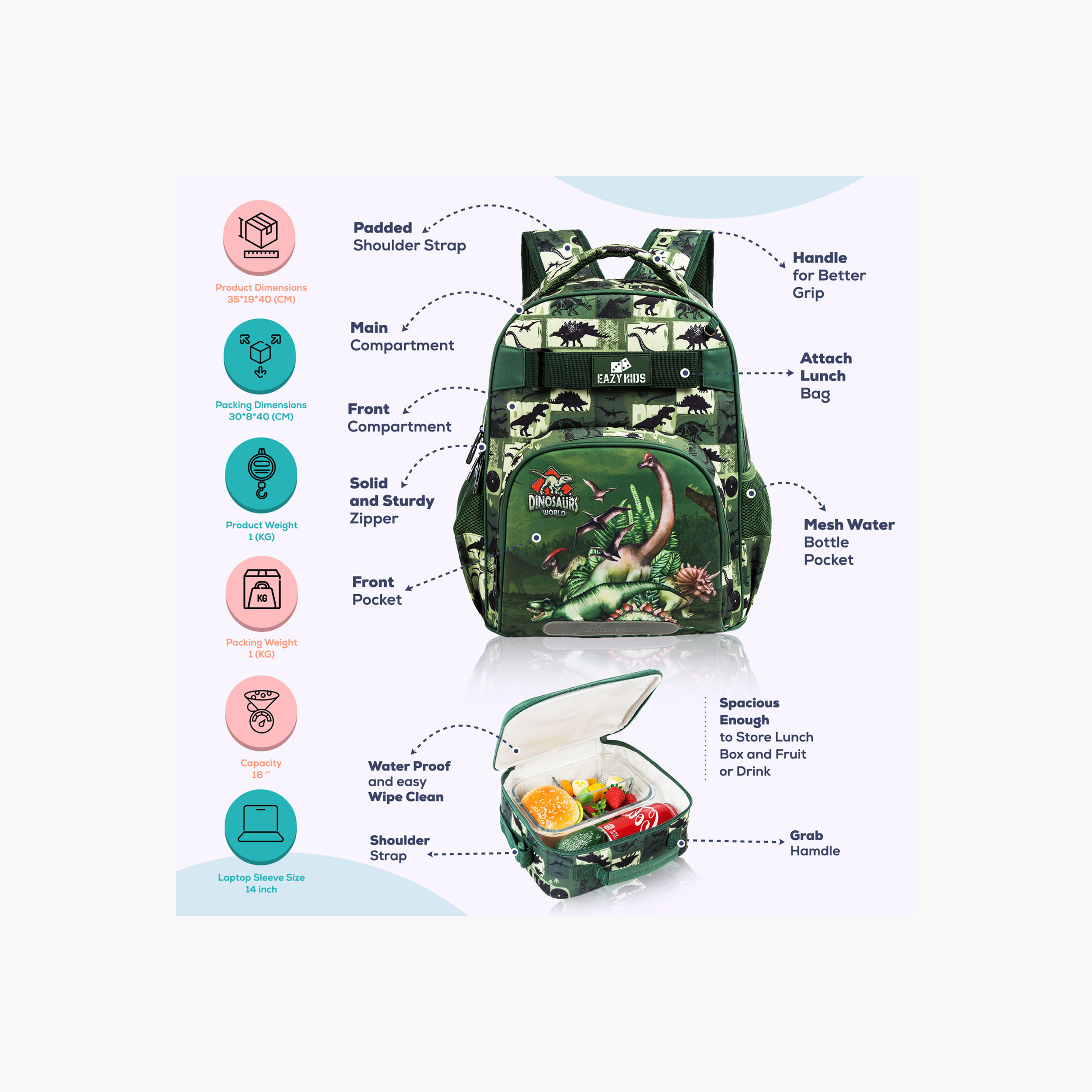 طقم شنط ظهر بطبعات ديناصور 18 بوصة 3 قطع من إيزي كيدز- 19×40×30 سم-school-bagsandbackpacks-sets-image-5
