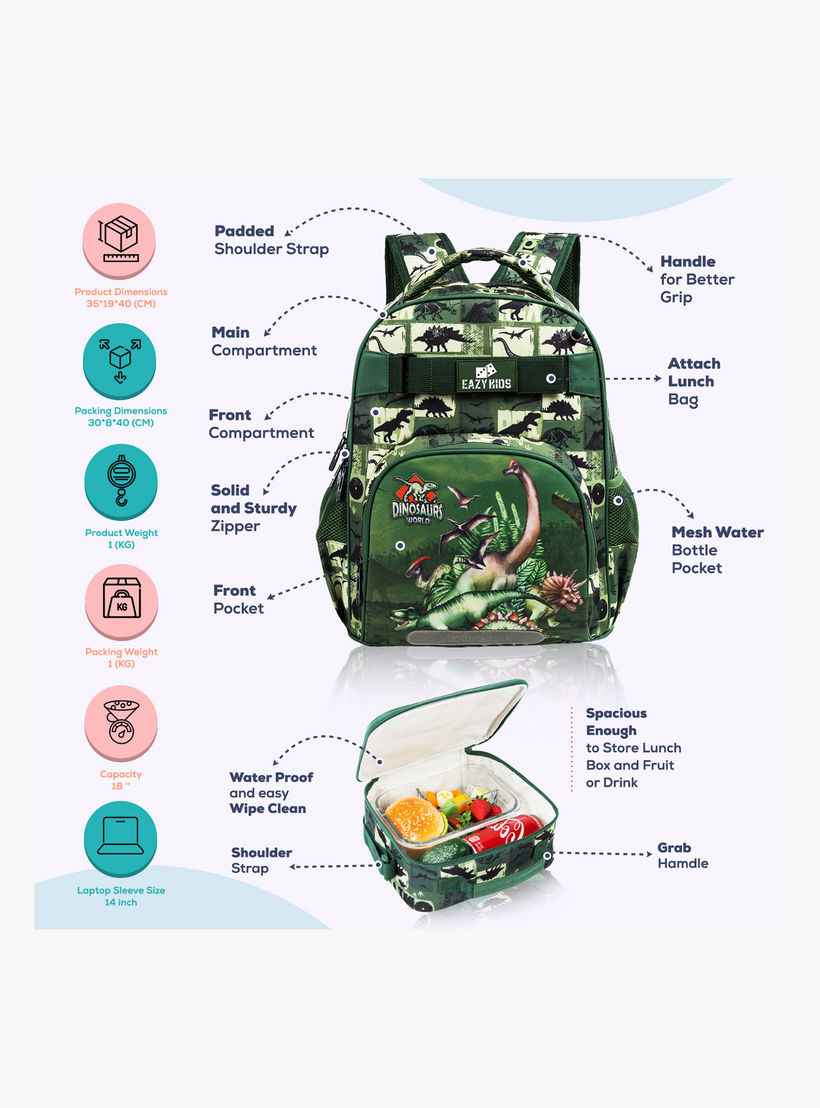 طقم شنط ظهر بطبعات ديناصور 18 بوصة 3 قطع من إيزي كيدز- 19×40×30 سم-school-bagsandbackpacks-sets-image-5