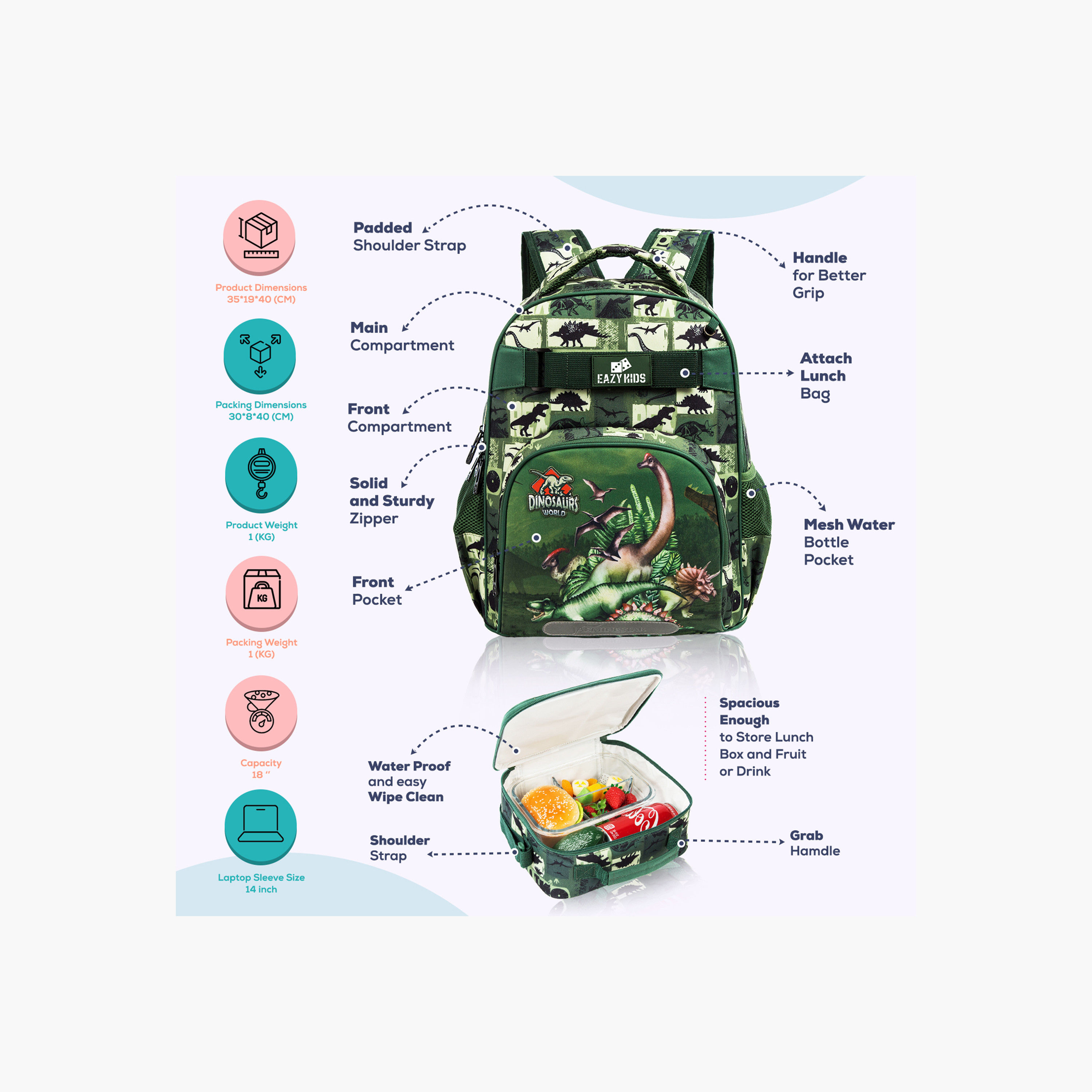 Eazy Kids 3-Piece Dinosaur Print 18-Inch Backpack Set - 19x40x30 cms-school-bagsandbackpacks-sets-image-5