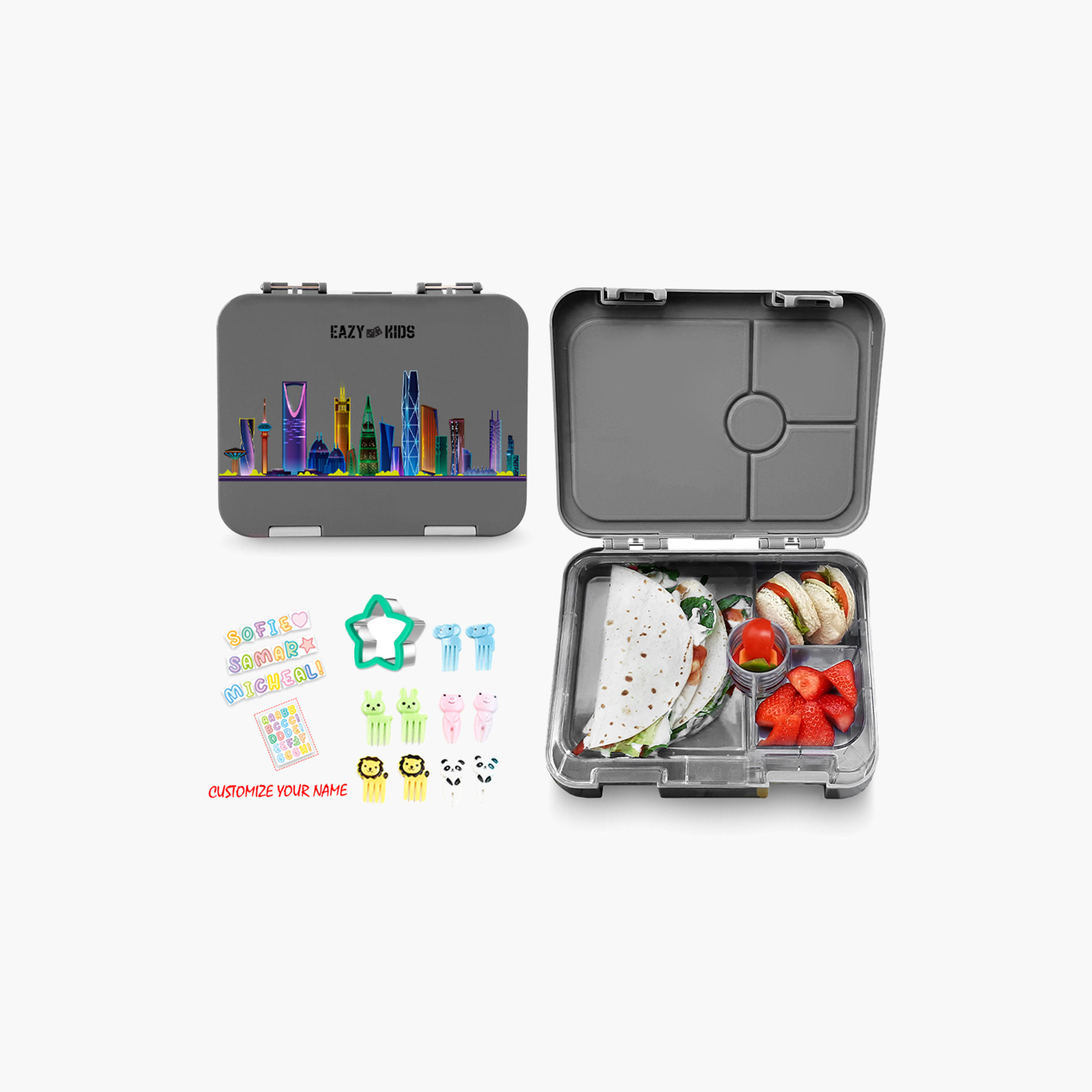 طقم شنطة غداء بنتو بطبعات بـ4 أقسام مع قاطع ساندويتشات من إيزي كيدز-school-lunchessentials-lunchboxes-image-3