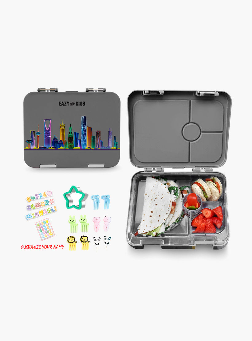 طقم شنطة غداء بنتو بطبعات بـ4 أقسام مع قاطع ساندويتشات من إيزي كيدز-school-lunchessentials-lunchboxes-image-3