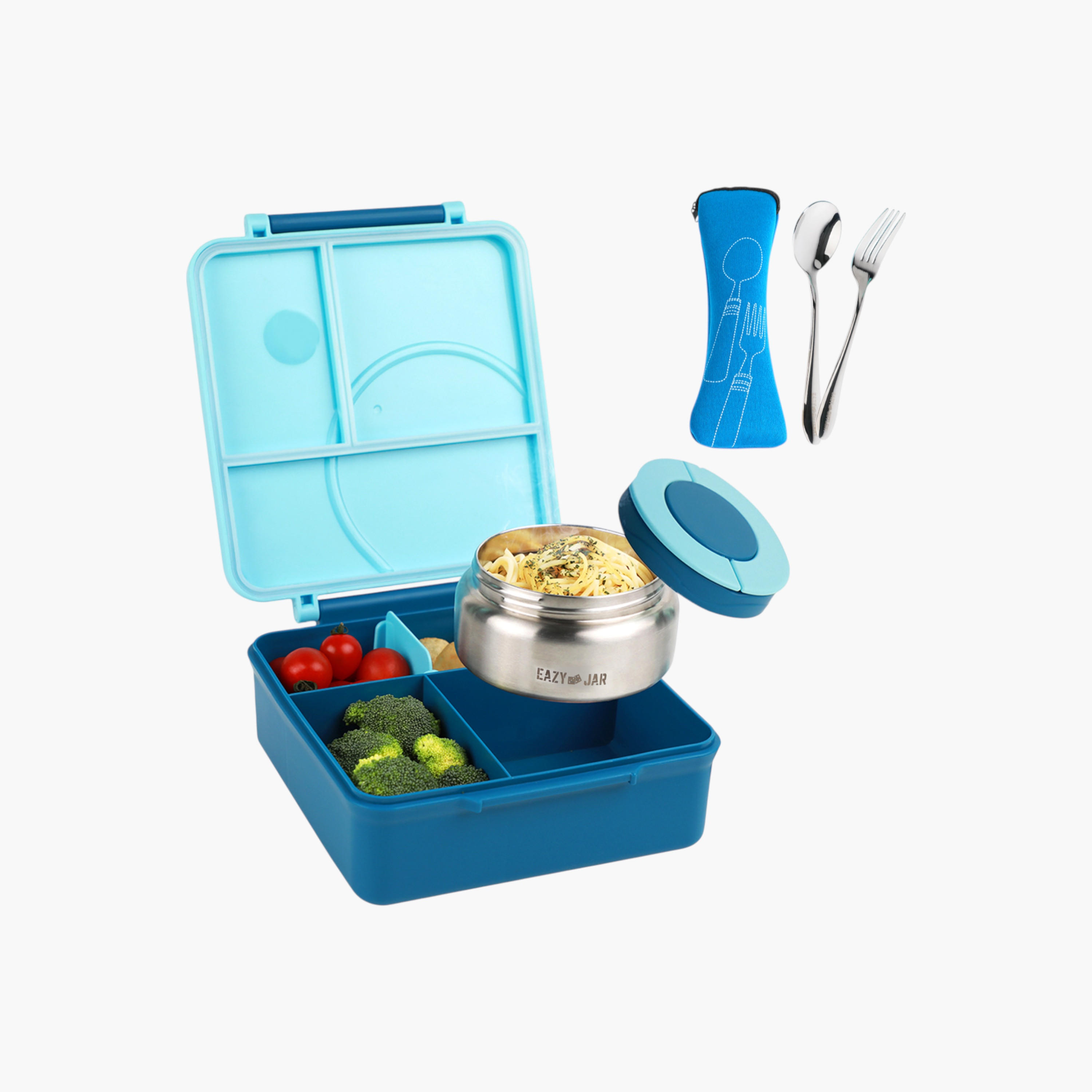 صندوق غداء مقسم سادة مع أدوات مائدة وجرة طعام من إيزي كيدز-school-lunchessentials-lunchboxes-image-1
