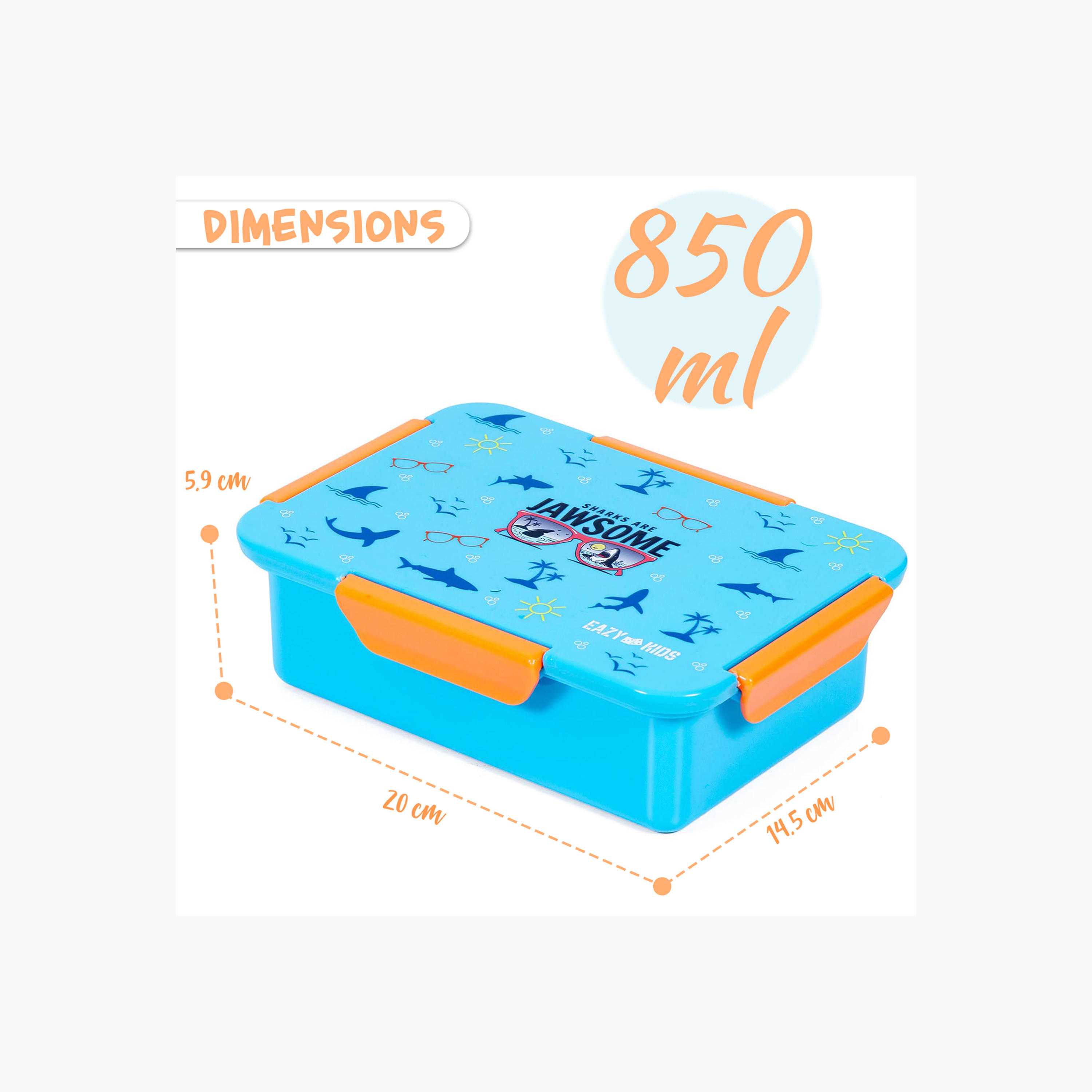 Eazy Kids Shark Print Convertible Compartment Bento Lunch Box with Clip Lock Lid-school-lunchessentials-lunchboxes-image-2