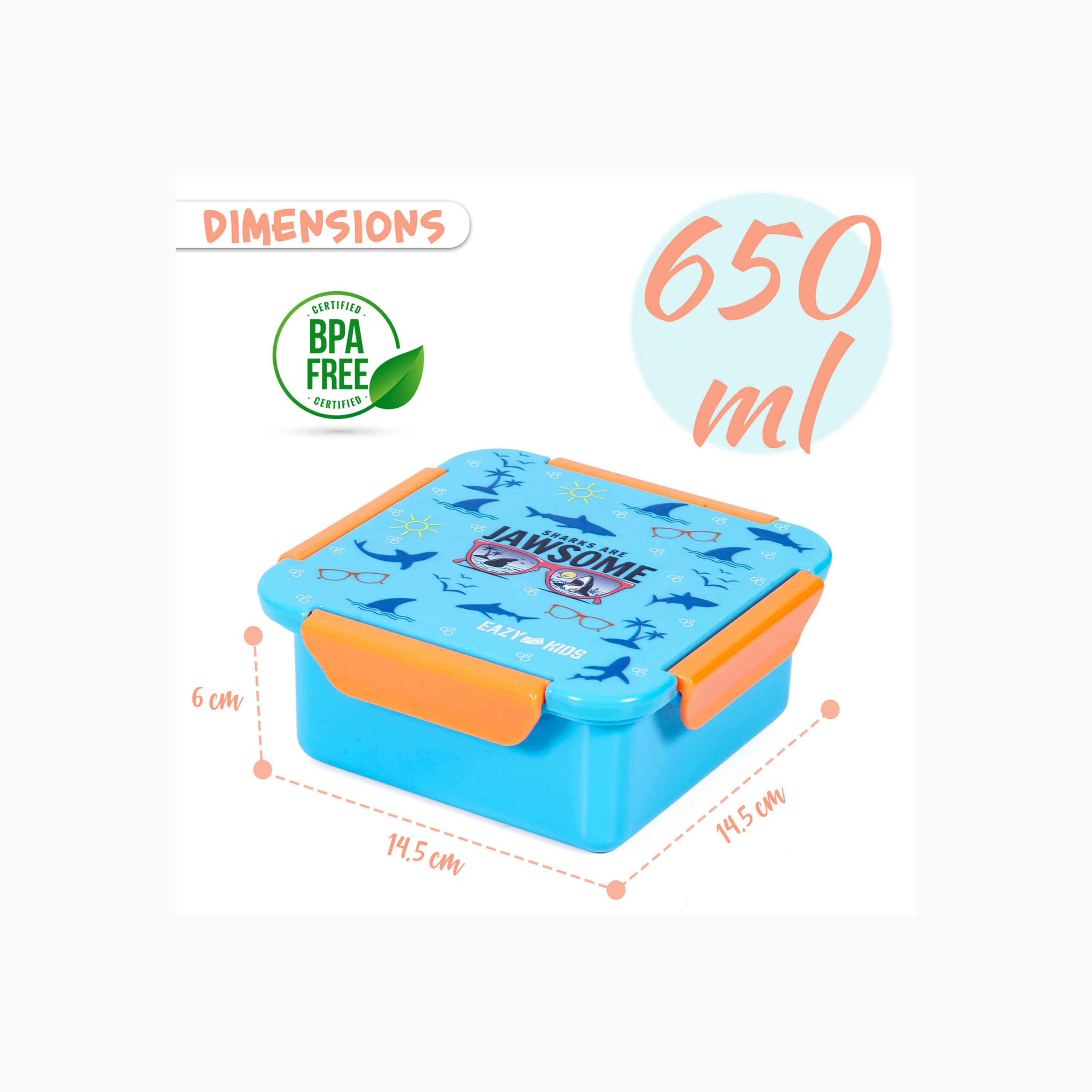 Eazy Kids Shark Print Lunch Box with Clip Lock Lid-school-lunchessentials-lunchboxes-image-8