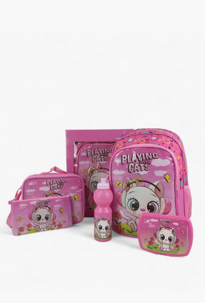 طقم شنطة ظهر 16 بوصة بطبعات قطة 5 قطع من رويال فالكون - 41x30x17 سم-school-bagsandbackpacks-image-1