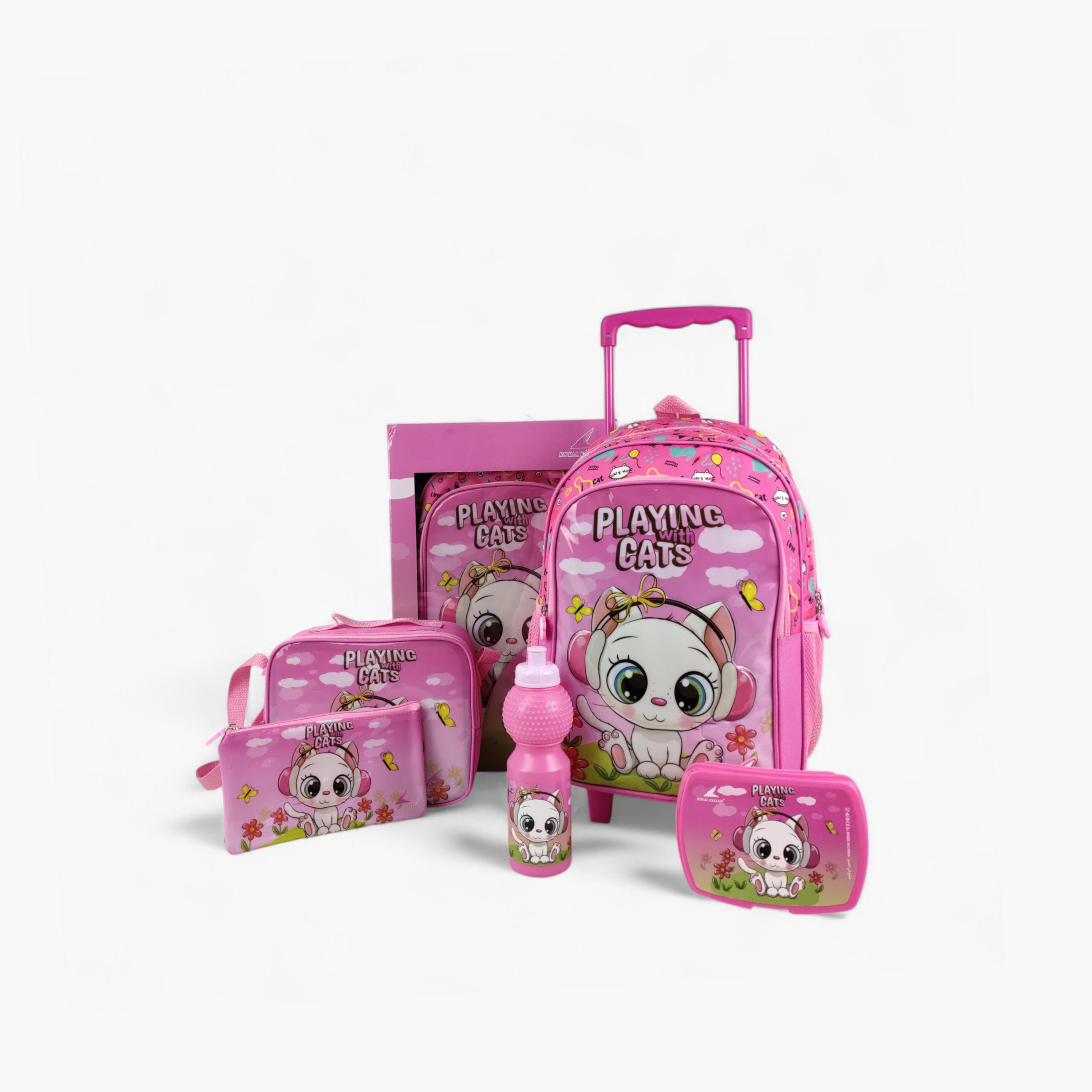 طقم شنطة ظهر ترولي 16 بوصة بطبعات قطة 5 قطع من رويال فالكون - 45x31x17 سم-school-bagsandbackpacks-trolleybags-image-1