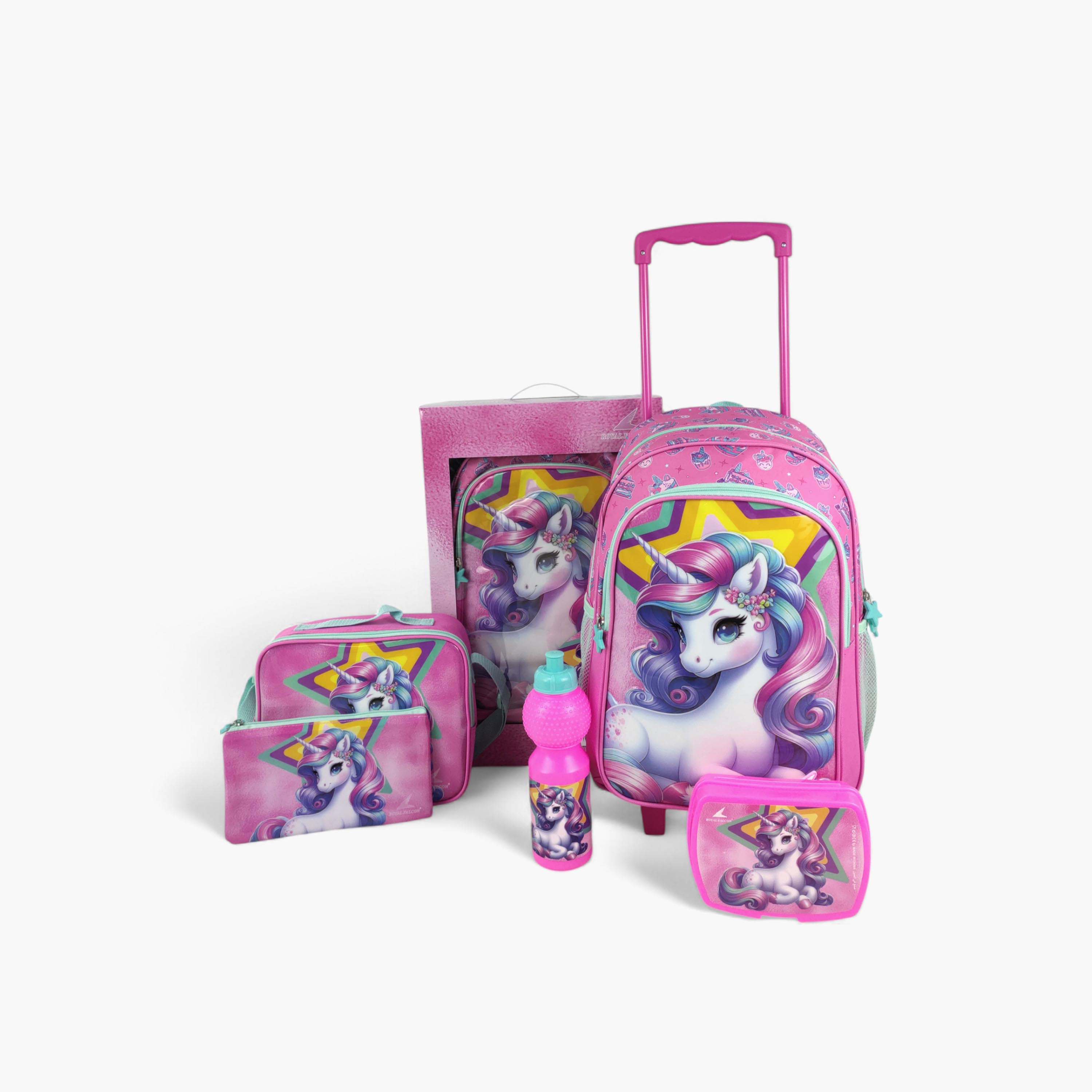 Royal Falcon 5-Piece Unicorn Print 16-inch Trolley Backpack Set - 45x31x17 cms-school-bagsandbackpacks-trolleybags-image-1