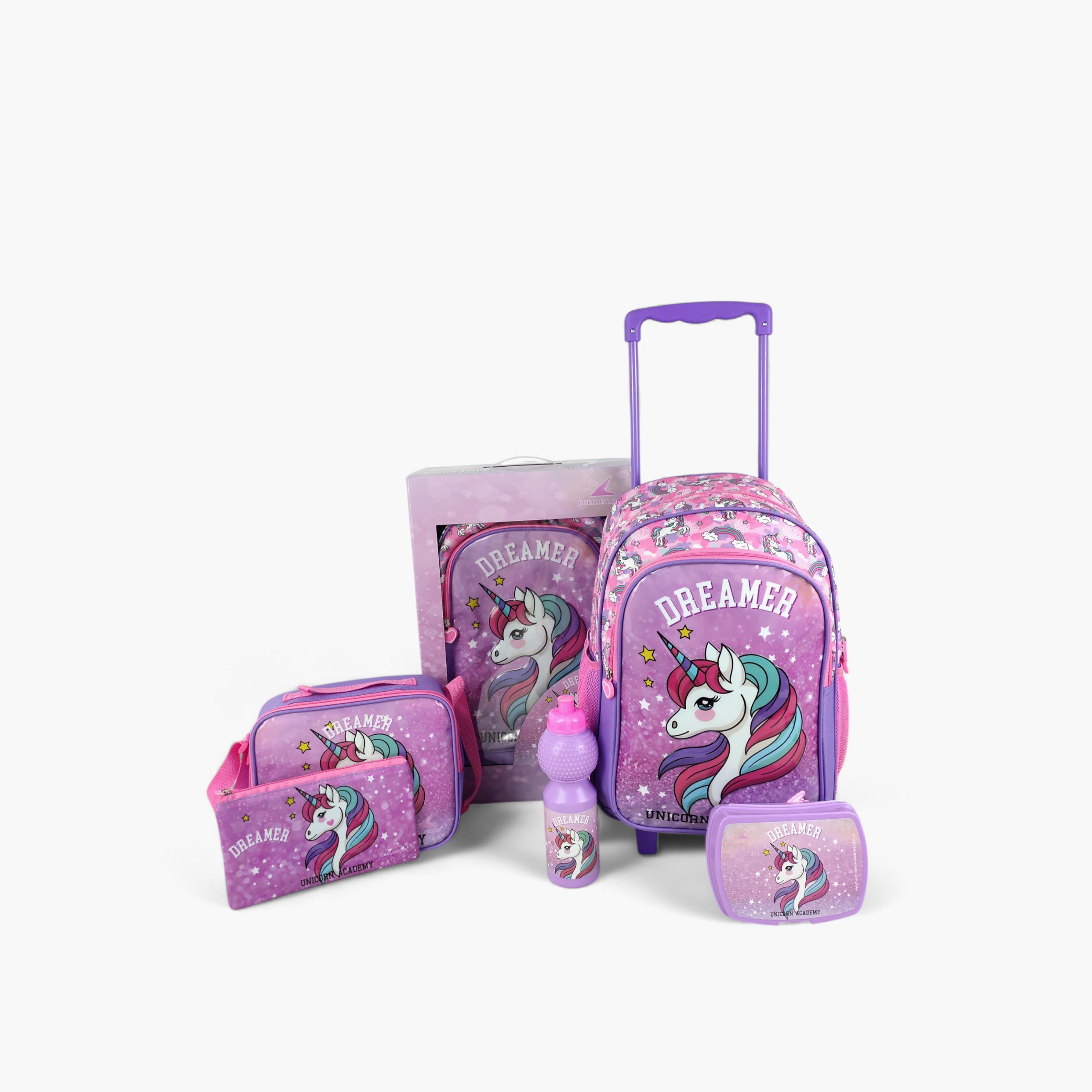 طقم شنطة ظهر ترولي 16 بوصة بطبعات يونيكورن 5 قطع من رويال فالكون - 45x31x17 سم-school-bagsandbackpacks-trolleybags-image-1