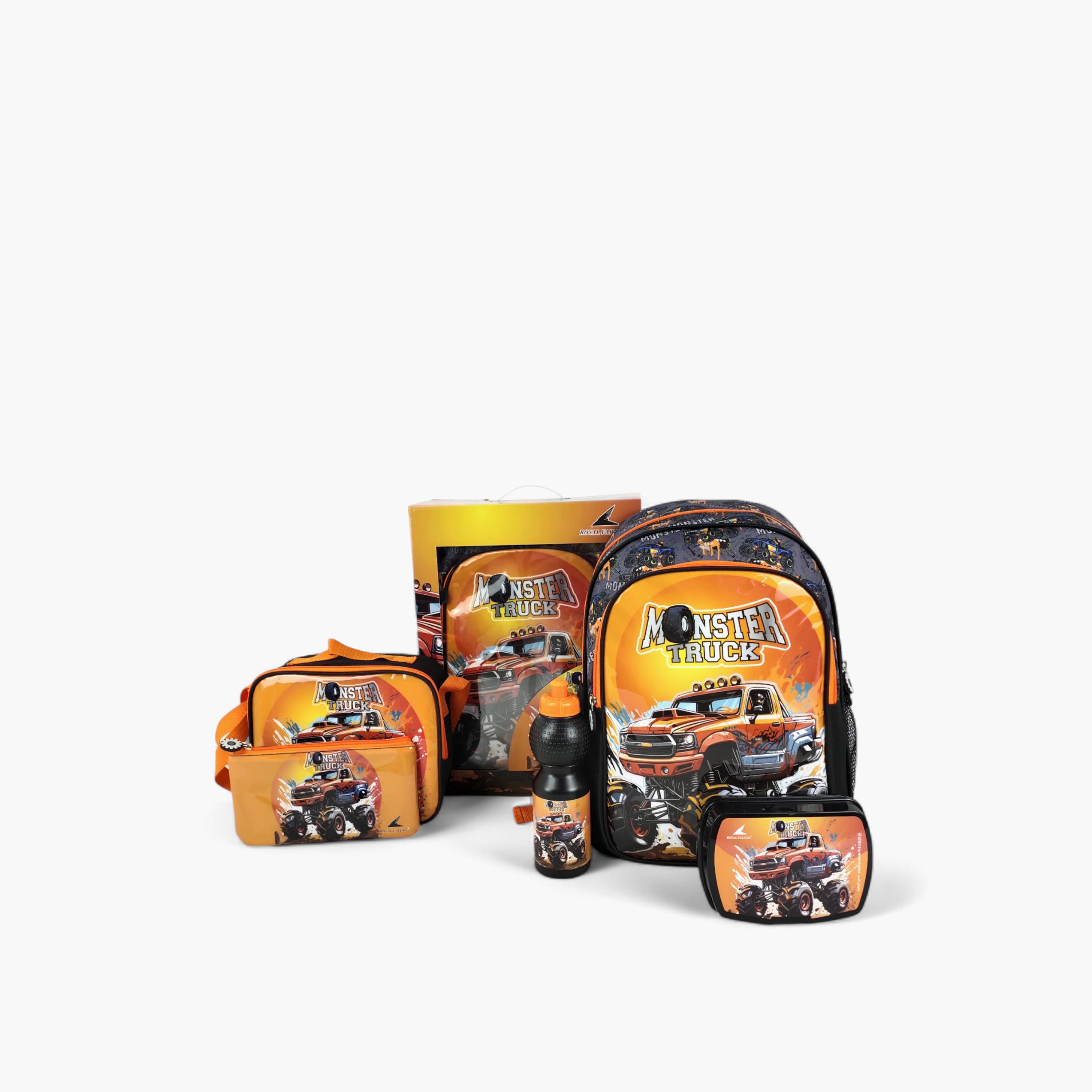طقم شنطة ظهر 16 بوصة بطبعات مونستر تراك 5 قطع من رويال فالكون - 41x30x17 سم-school-bagsandbackpacks-sets-image-1