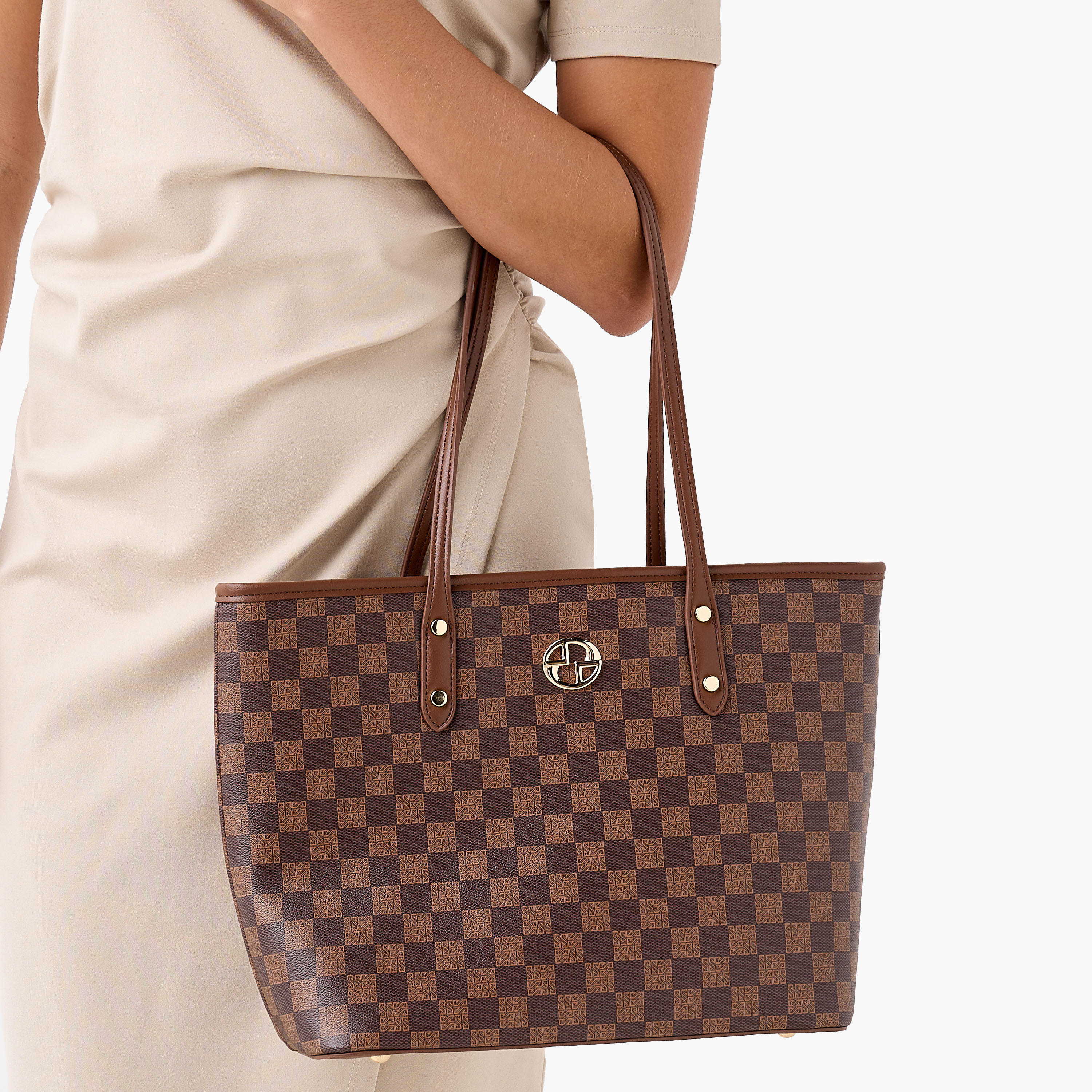 Sasha Tia Checked Tote Bag with Zip Closure-women-bagsandwallets-handbags-image-2