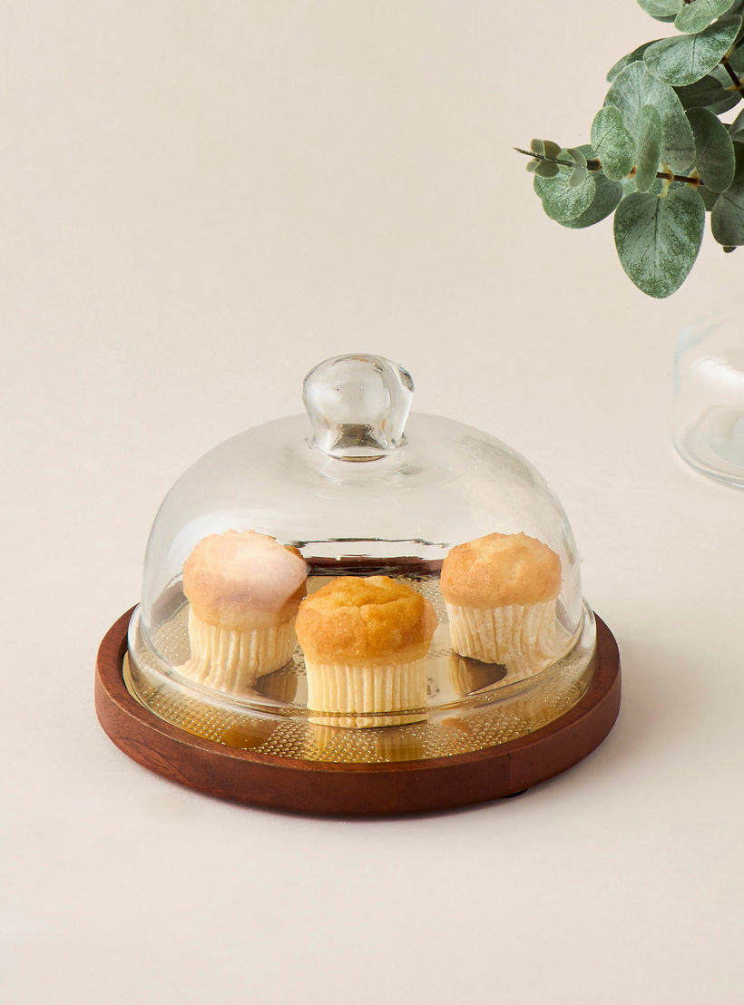حامل كيك خشبي منقوش بغطاء قبة زجاجي - 16x16x9 سم-household-dining-serveware-cakestands-image-2
