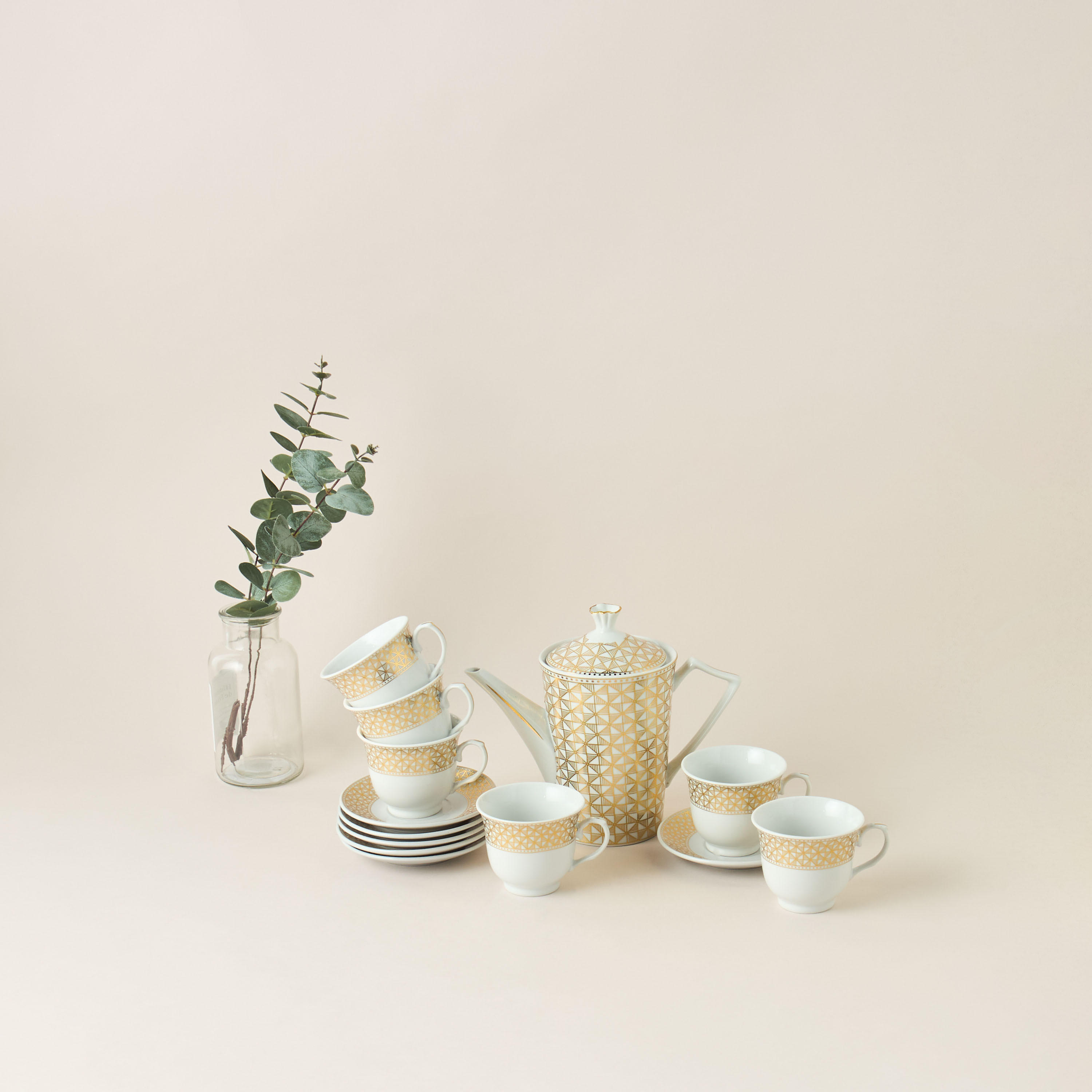 Linear Luxe Geometric Print 13-Piece Porcelain Cup and Saucer Set with Teapot-household-dining-teaandcoffee-teaandcoffeesets-image-2