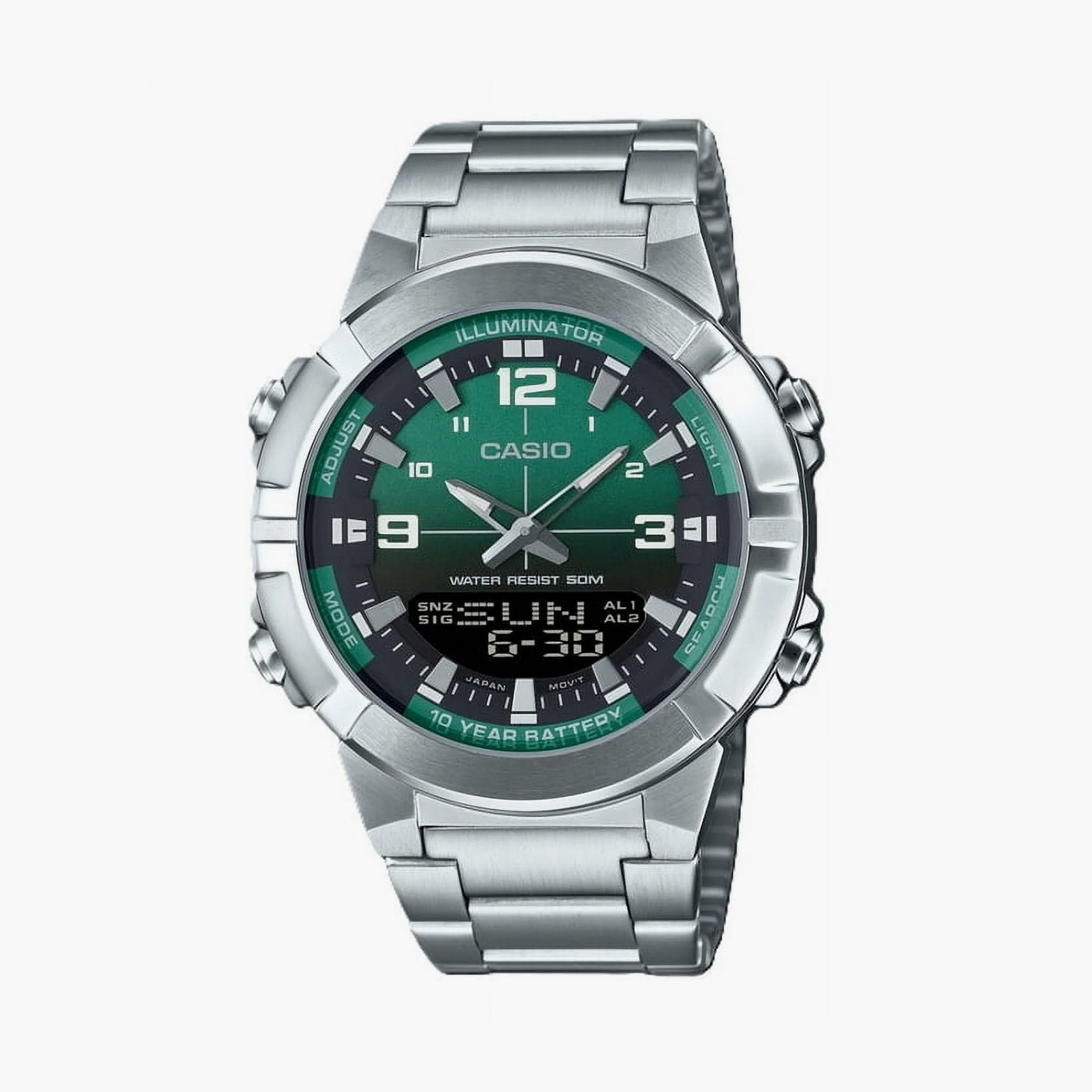 كاسيو- ساعة رجالية تناظرية/رقمية سوار ستانلس ستيل لون فضي 44 مم | AMW-870DA-3AVDF-men-watchesandjewellery-watches-image-1