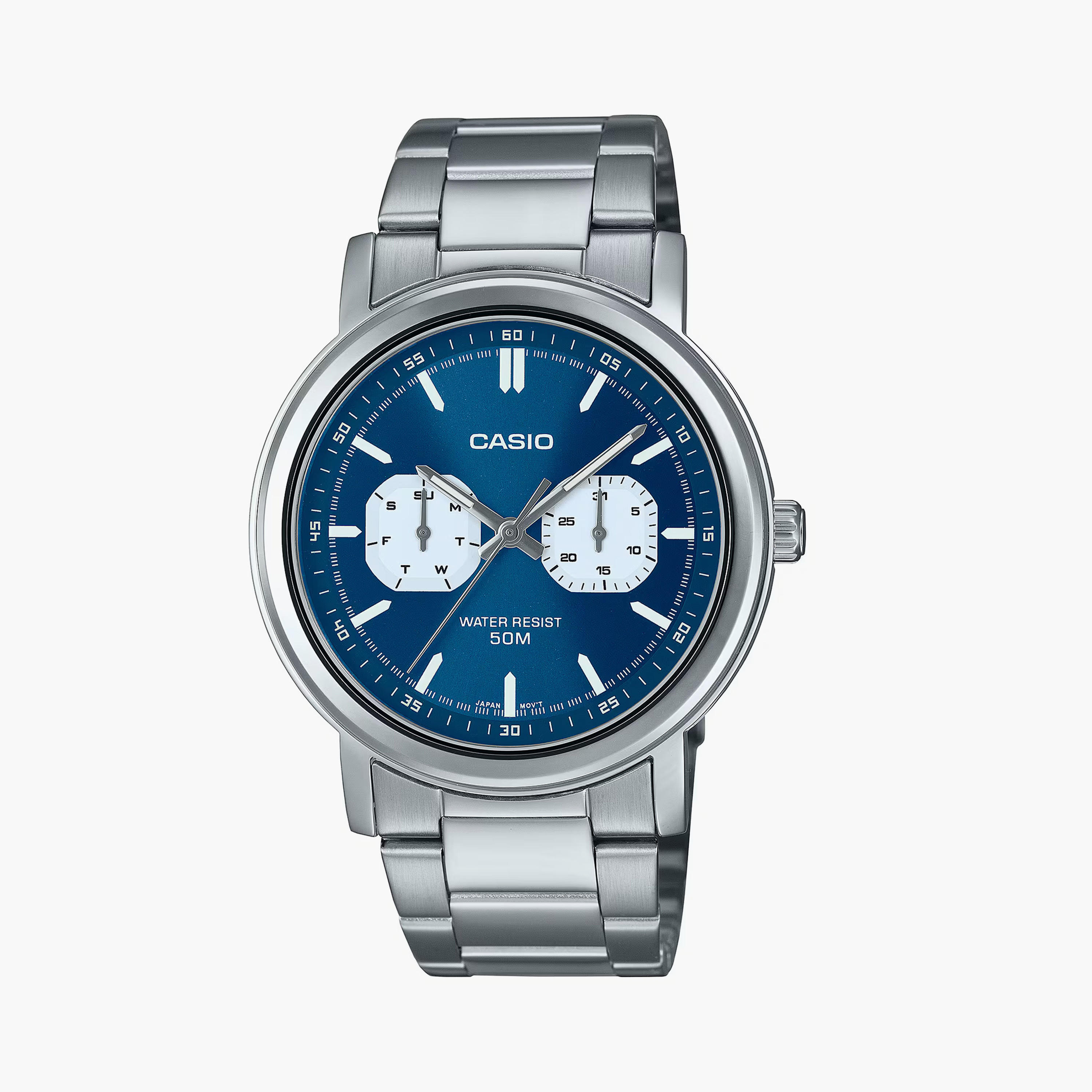 Casio Men's 44MM Silver Analog Stainless Steel Strap Watch | MTP-E335D-2E1VDF-men-watchesandjewellery-watches-image-1