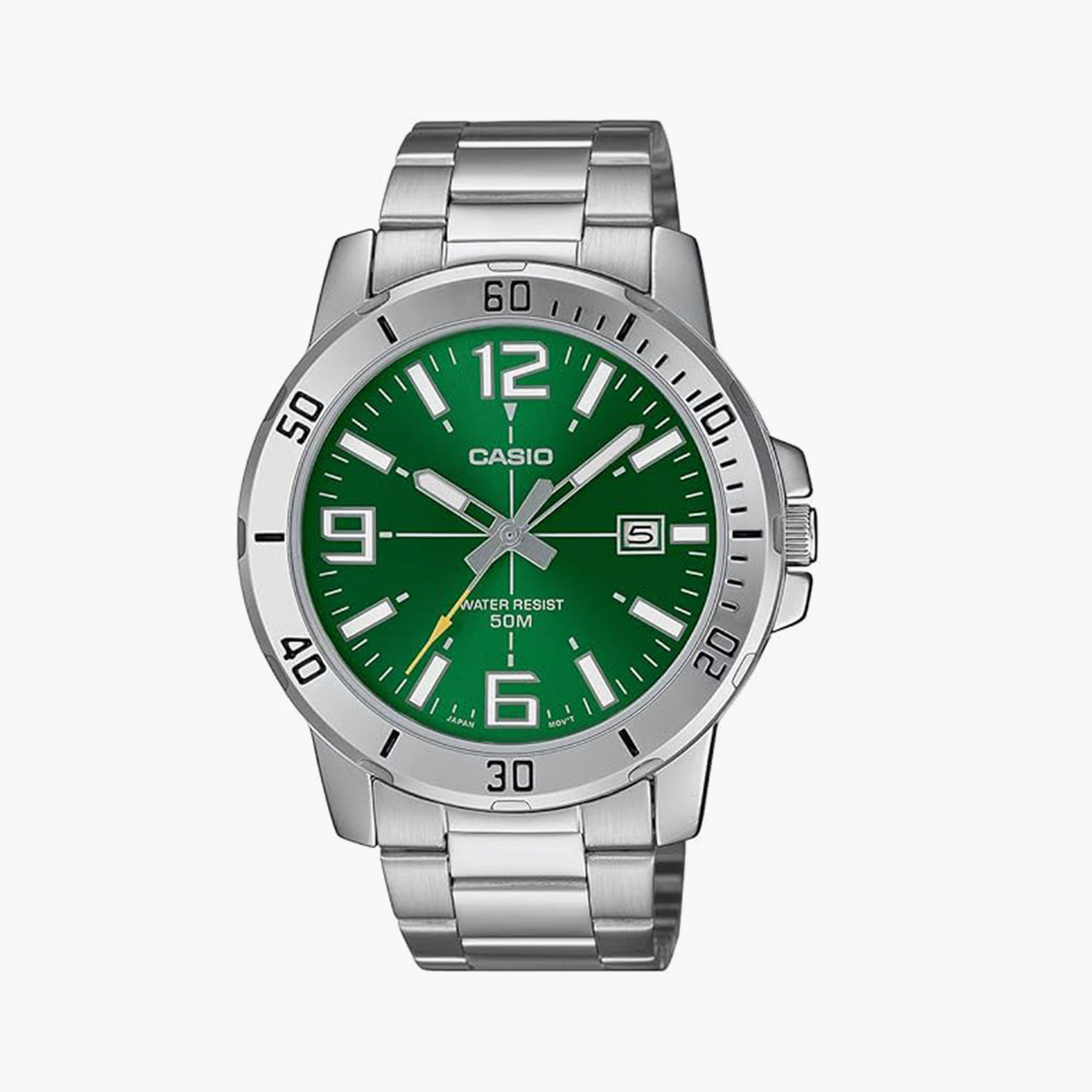 كاسيو- ساعة رجالية تناظرية حزام ستانلس ستيل لون فضي 45 مم | MTP-VD01D-3BVUDF-men-watchesandjewellery-watches-image-1