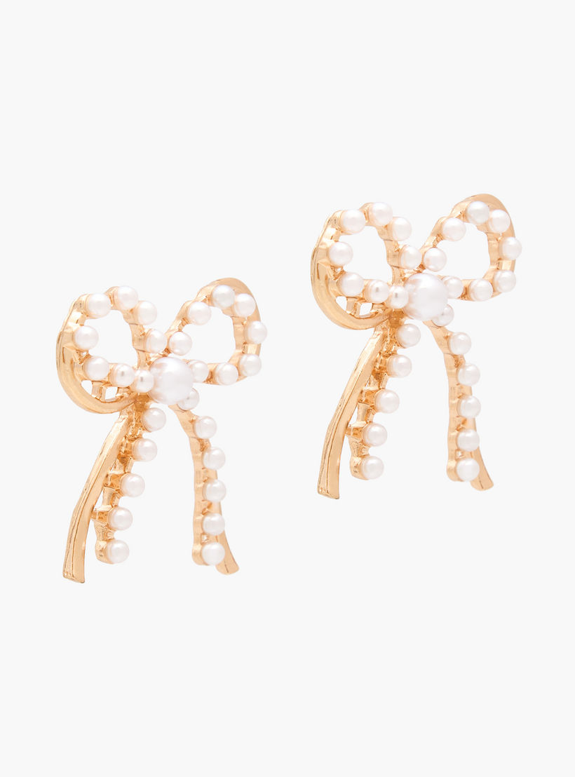 Gold Tone Pearl Embellished Bow Shape Earrings with Pushback Closure-women-watchesandjewellery-jewellery-earrings-image-2