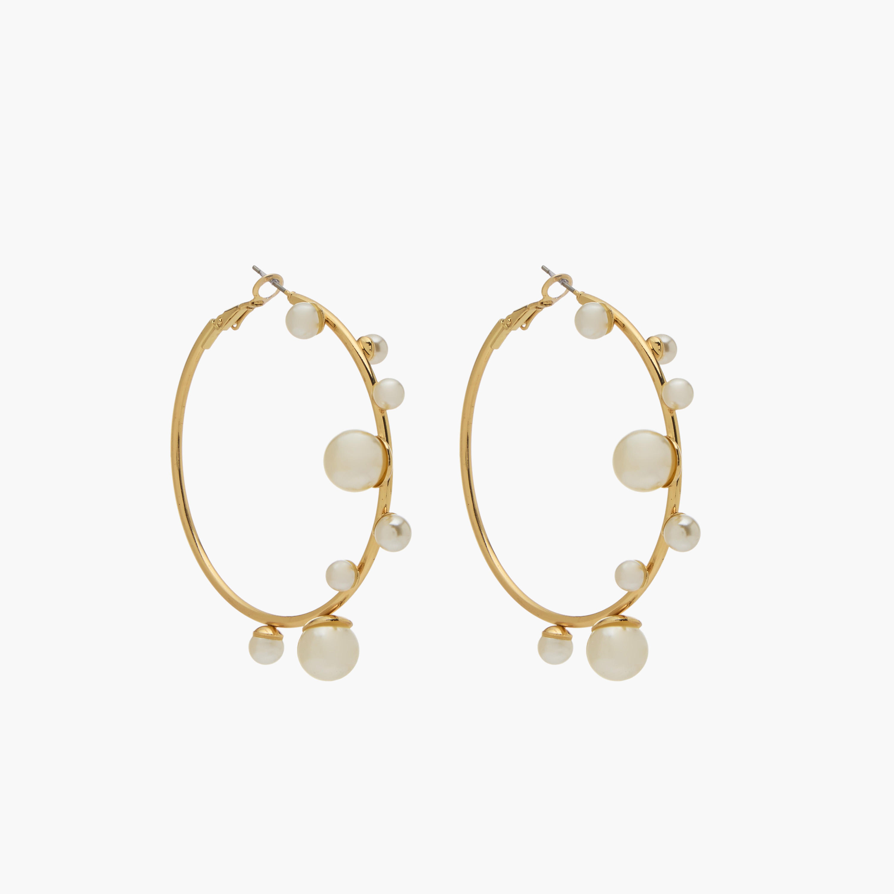 Gold Tone Pearl Embellished Hoop Earrings with Hinged Closure-women-watchesandjewellery-jewellery-earrings-image-2
