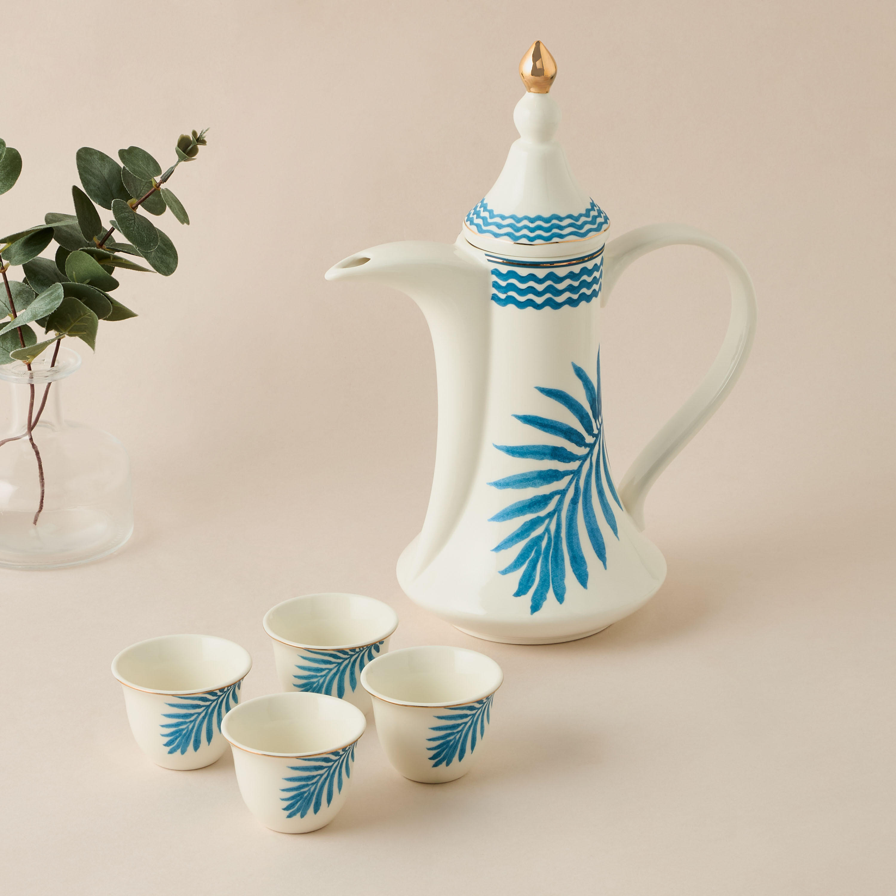 Leaf Print Bone China 4-Piece Kahwa Cup Set with Teapot-household-dining-teaandcoffee-teaandcoffeesets-image-1