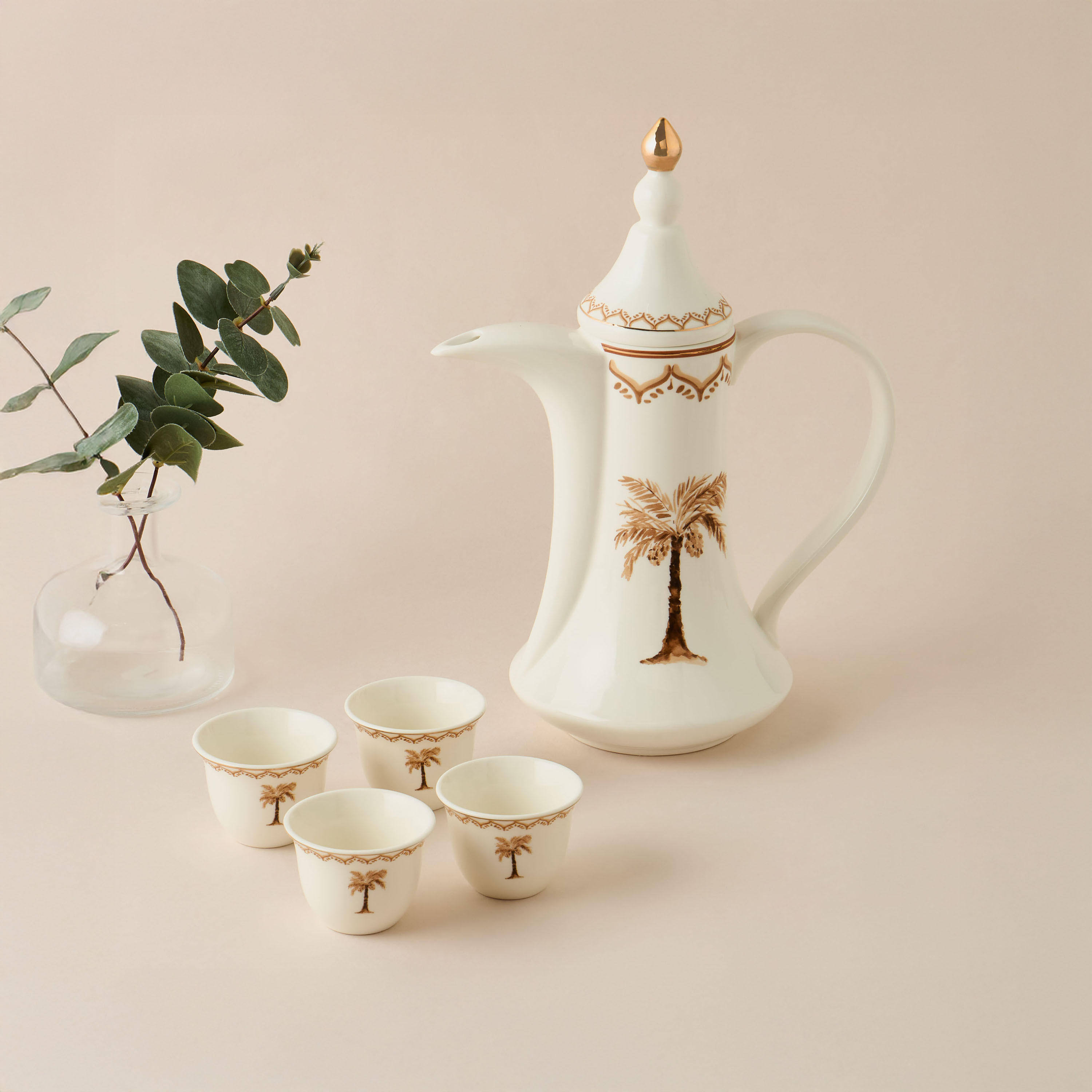 Palm Tree Print Bone China 4-Piece Kahwa Cup Set with Teapot-household-dining-teaandcoffee-teaandcoffeesets-image-1