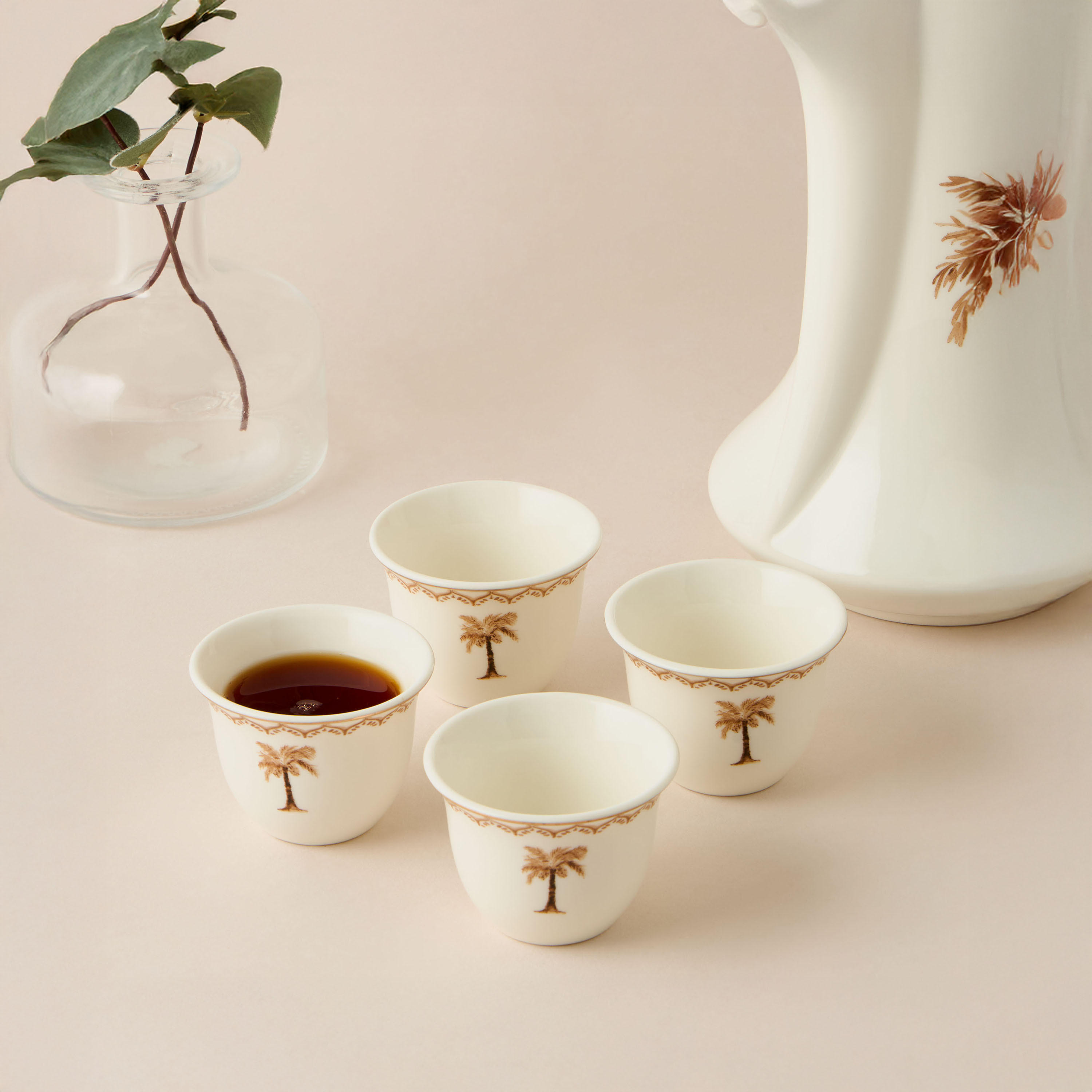 Palm Tree Print Bone China 4-Piece Kahwa Cup Set with Teapot-household-dining-teaandcoffee-teaandcoffeesets-image-2