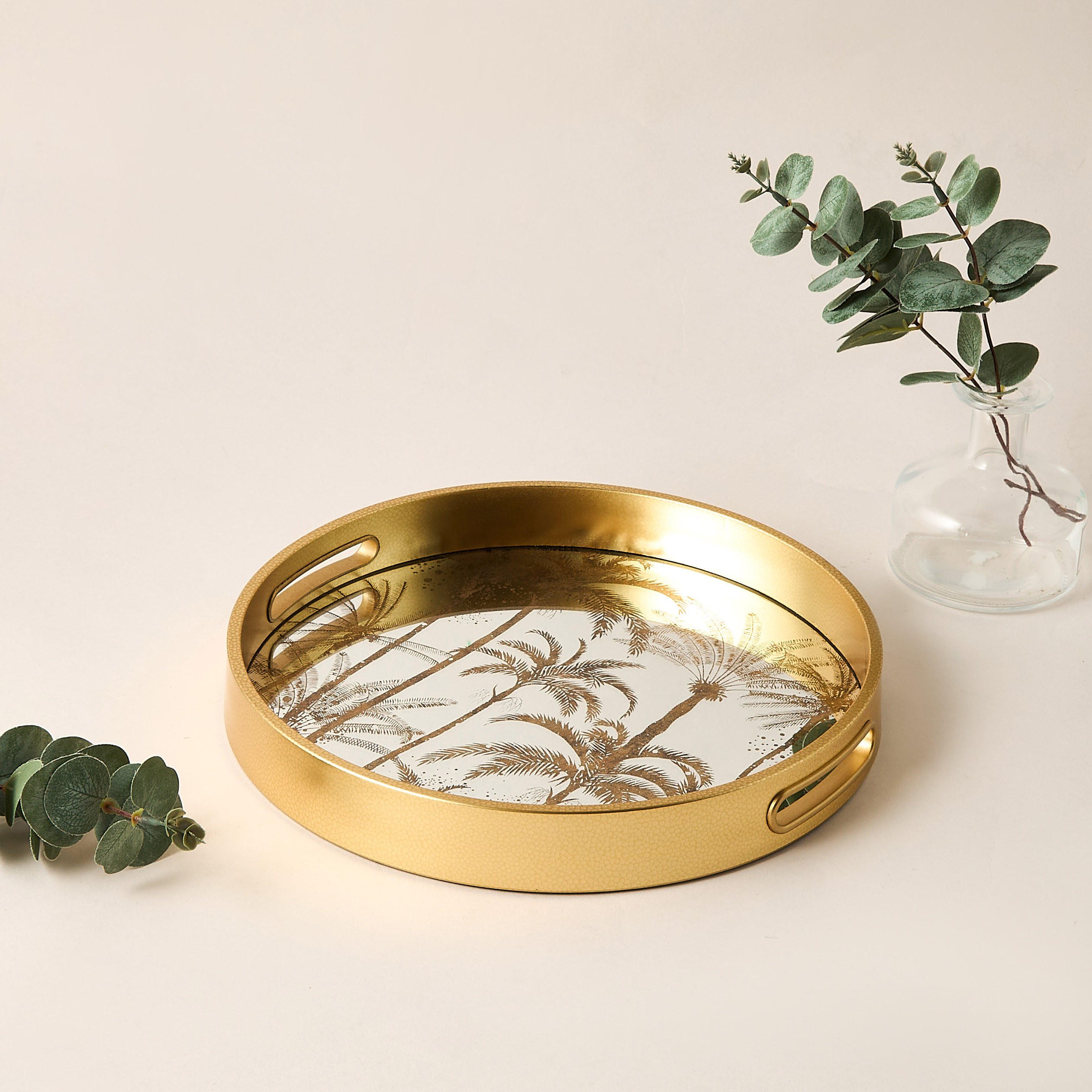 Palm Tree Print Round Decorative Tray with Cutout Handle - 30x30 cms-household-decor-boxesandtrays-image-2