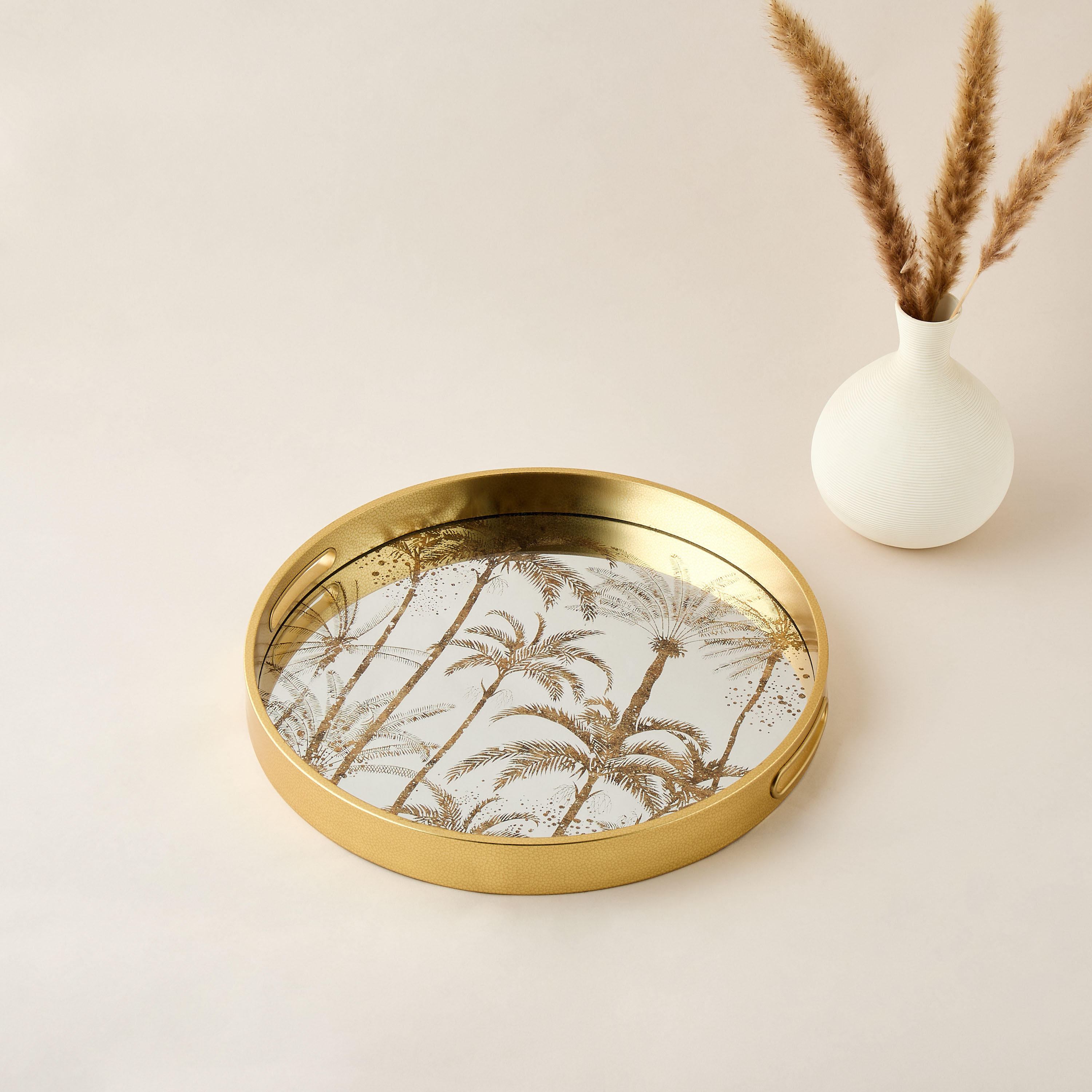 Palm Tree Print Round Decorative Tray - 37x37 cms-household-decor-boxesandtrays-image-2