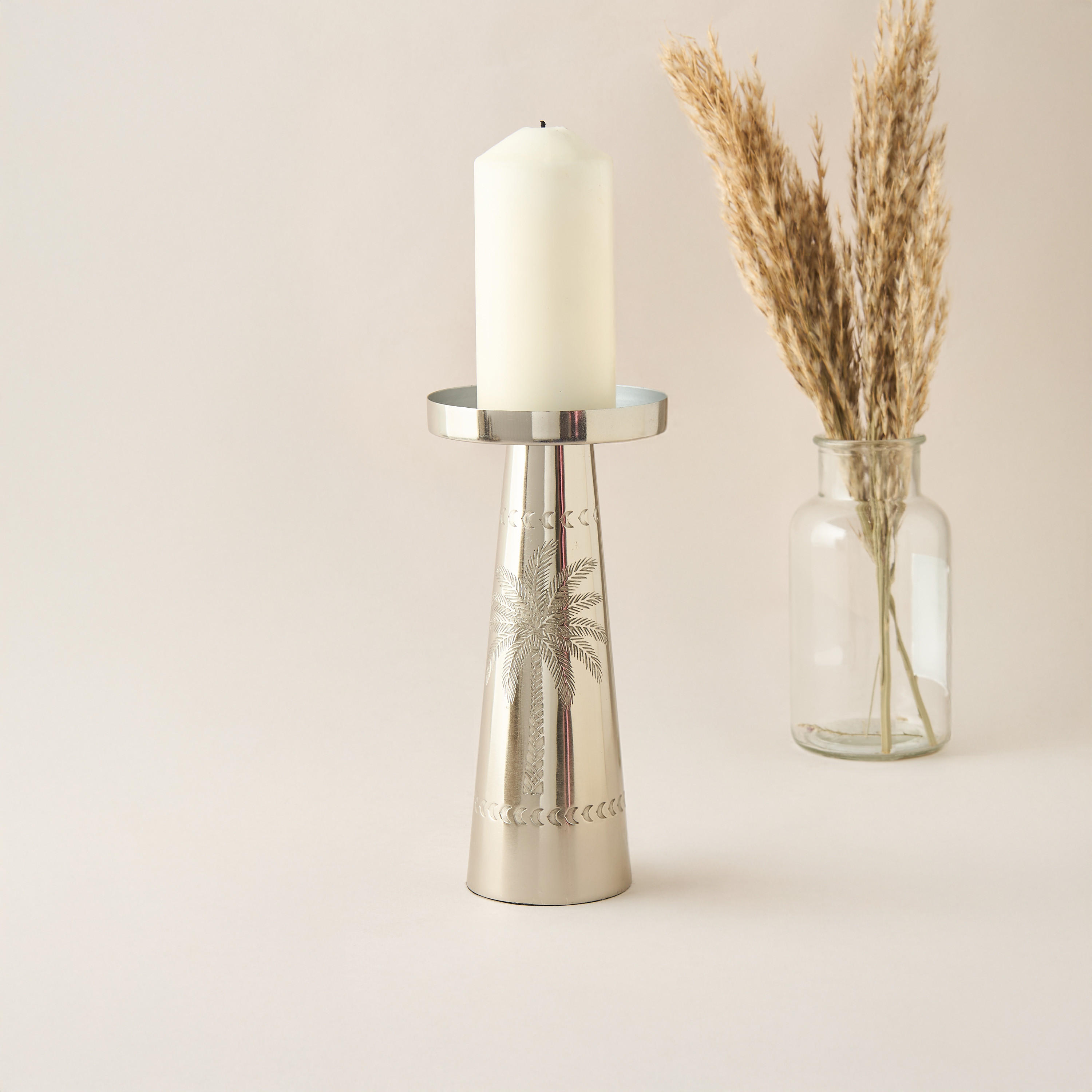 Palm Tree Engraved Metal Pillar Candleholder - 21 cms-household-decor-candleholdersandlanterns-image-2