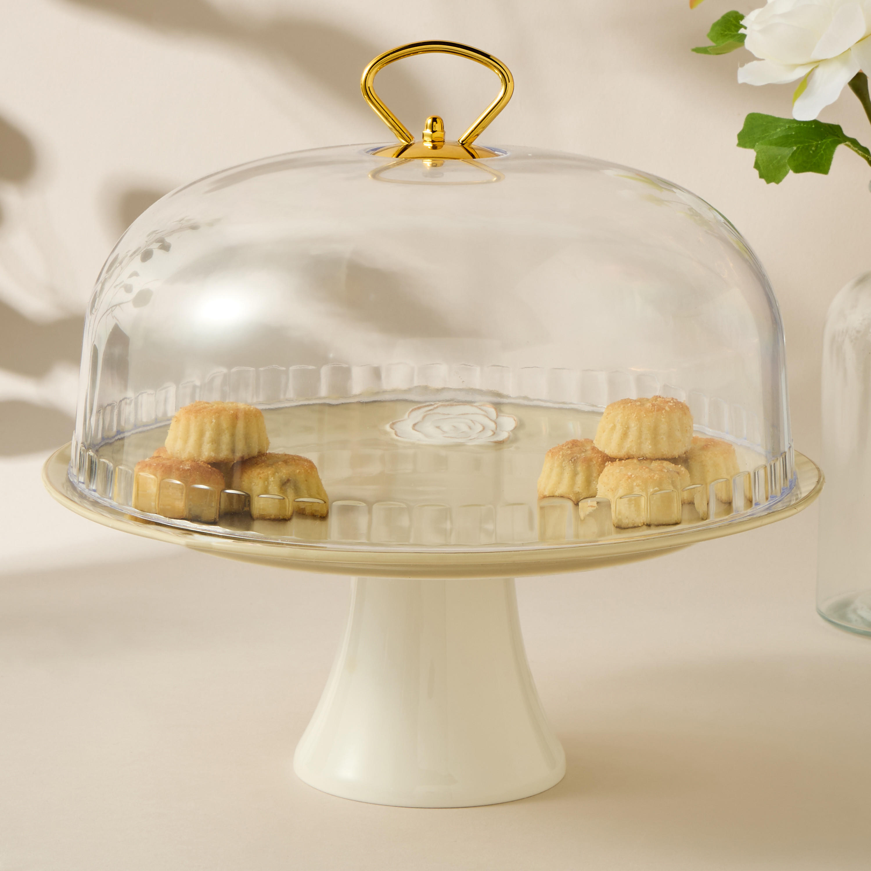 Rose Accent Porcelain Cake Stand with Dome Lid - 28 cms-household-dining-serveware-cakestands-image-1