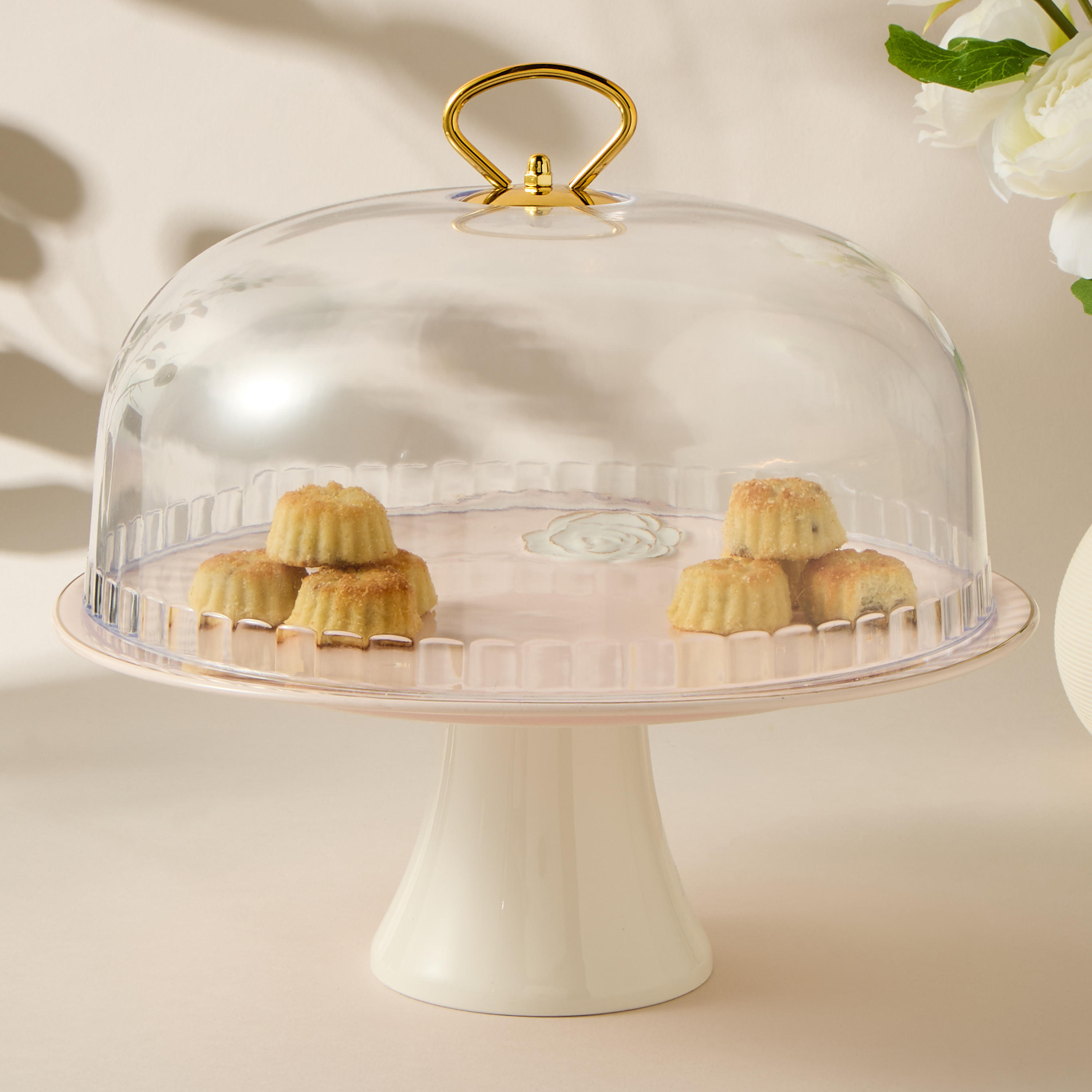 Rose Accent Porcelain Cake Stand with Dome Lid - 28 cms-household-dining-serveware-cakestands-image-1