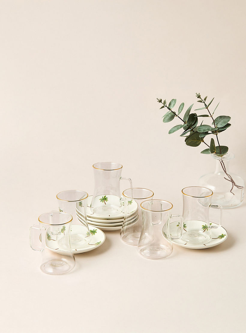 طقم فناجين وصحون شاي تركية من الخزف الصيني 12 قطعة بطبعات نخيل - 200 مل-household-dining-teaandcoffee-teaandcoffeesets-image-1