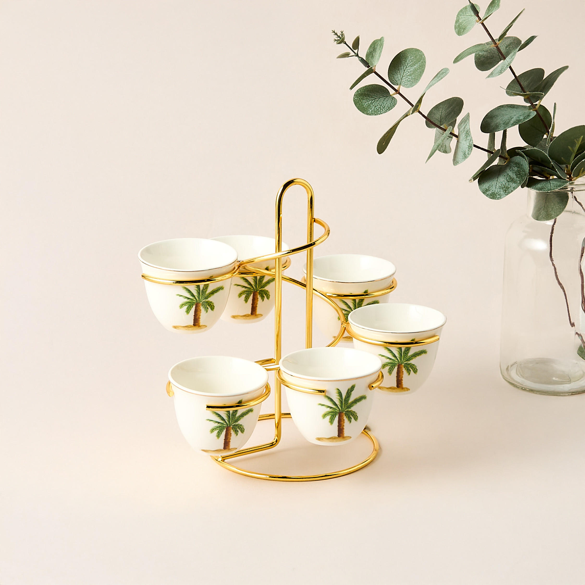Palm Tree Print 6-Piece Bone China Kahwa Cup Set with Stand-household-dining-teaandcoffee-teaandcoffeesets-image-1