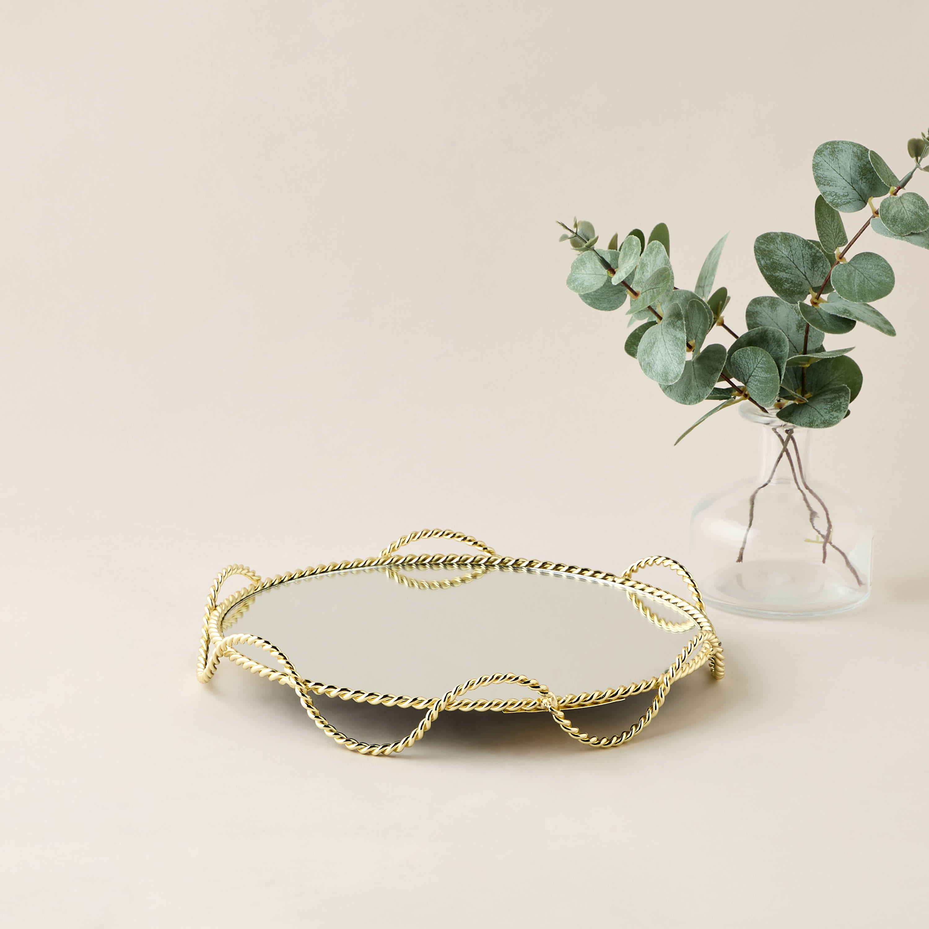 Twisted Metal Round Mirrored Decorative Tray - 31x11 cms-household-decor-boxesandtrays-image-1