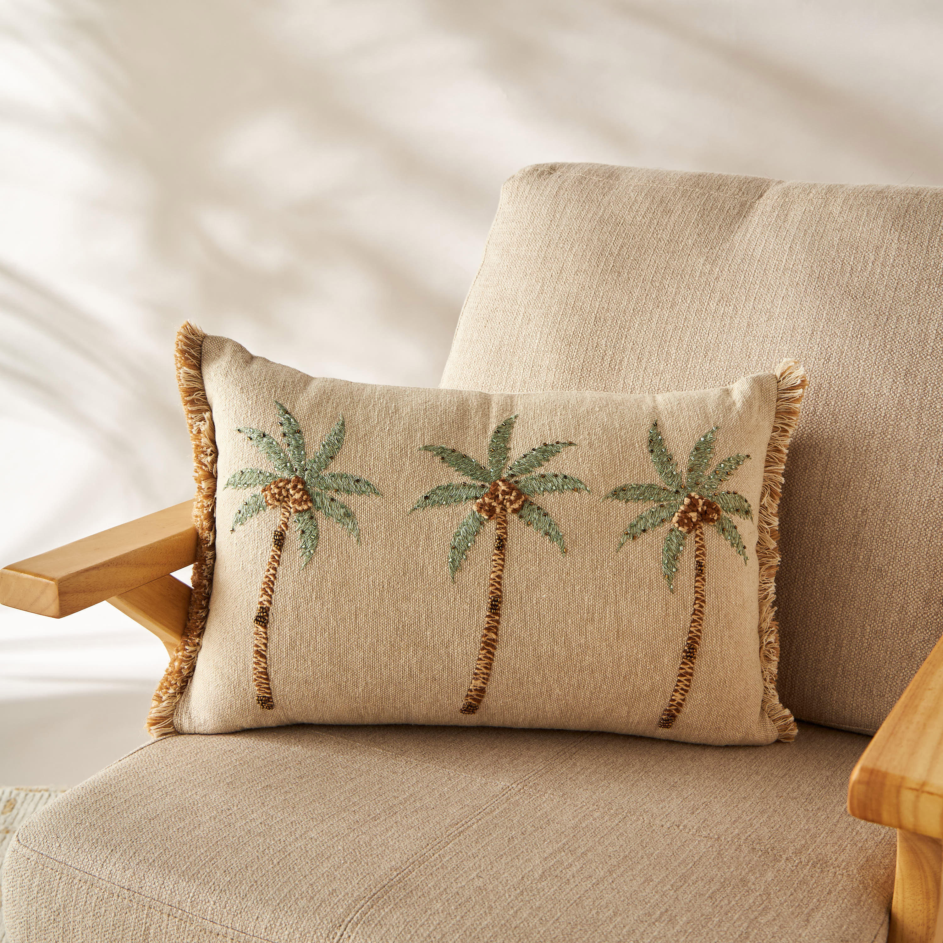 Embroidered Palm Cushion with Fringe - 50x35 cms-household-cushionsandthrows-filledcushions-decorativecushions-image-2