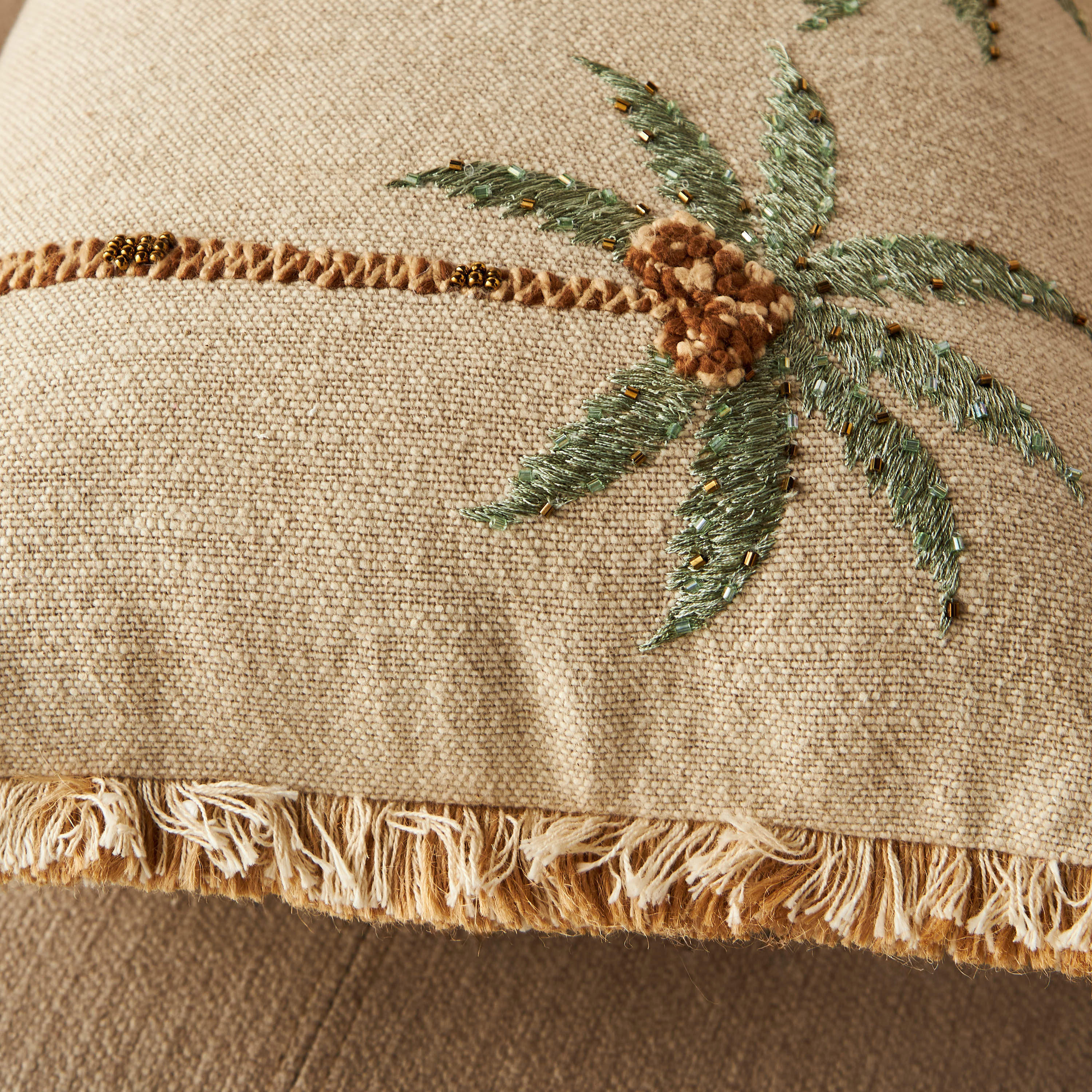 Embroidered Palm Cushion with Fringe - 50x35 cms-household-cushionsandthrows-filledcushions-decorativecushions-image-3