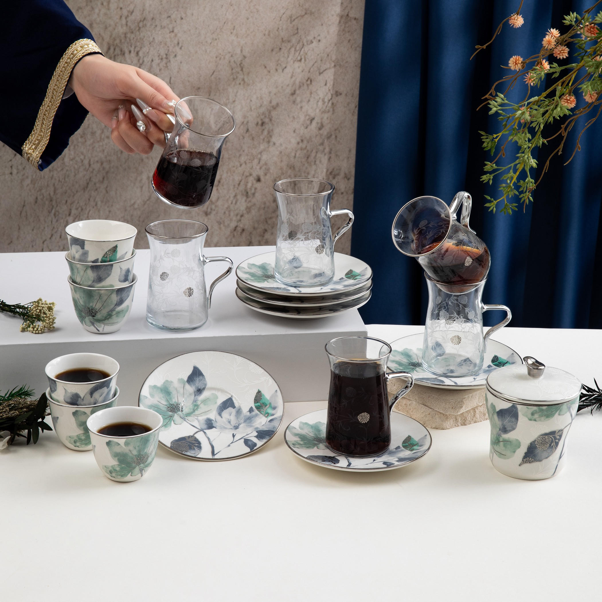 أوتانتيك طقم شاي وقهوة زجاجي مزهر-household-dining-teaandcoffee-teaandcoffeesets-image-2