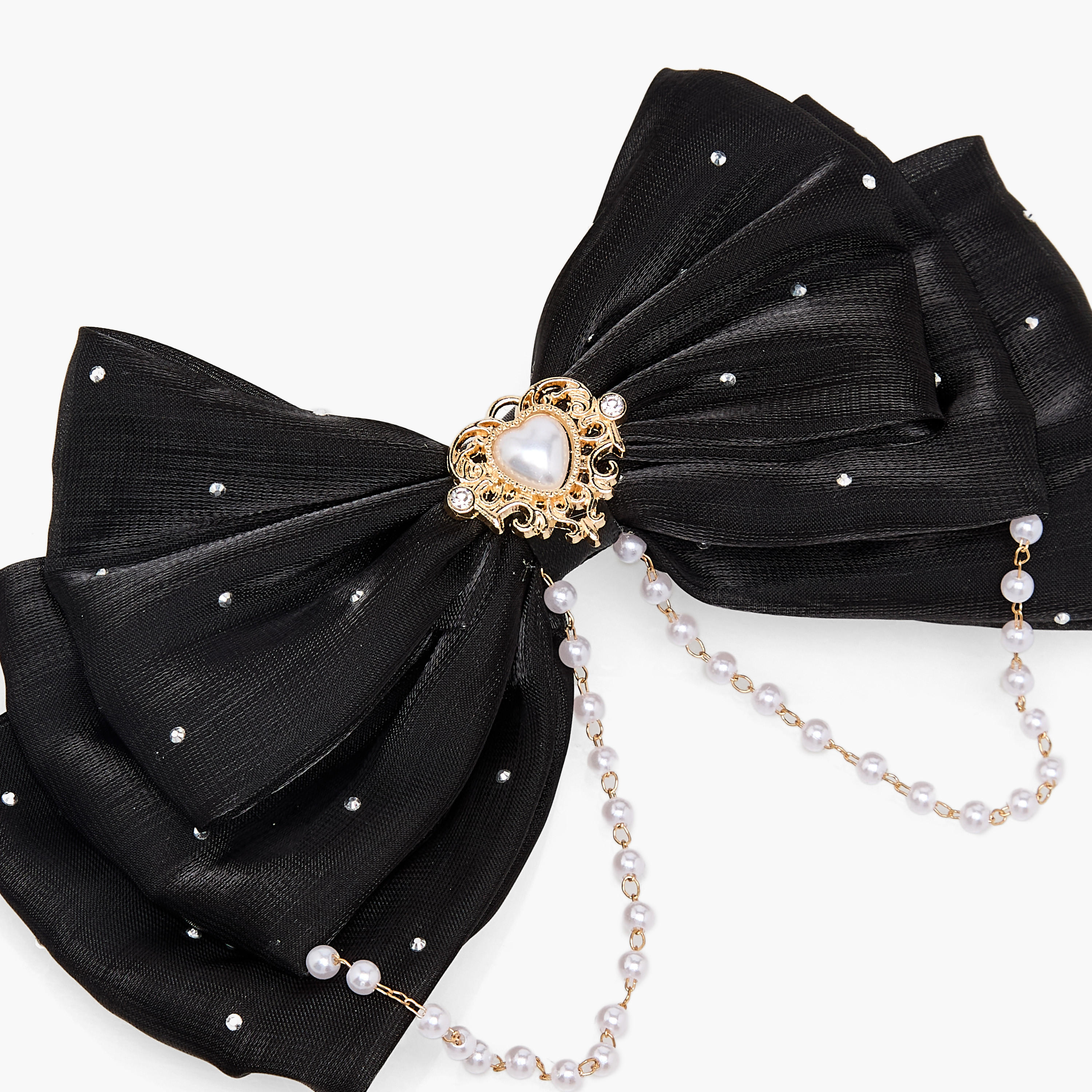 Bow Shape Barrette Hair Clip with Stone and Pearl Embellishments-women-hairaccessories-clips-image-2