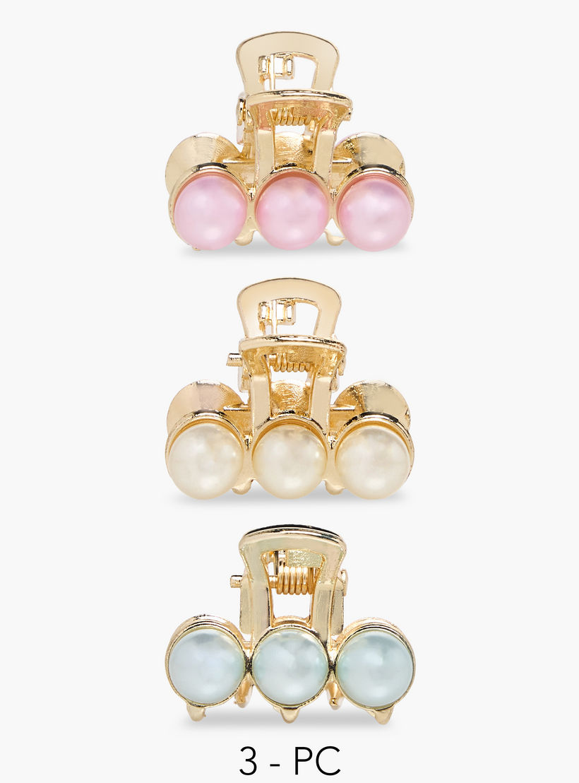 Pack of 3 Metallic Hair Clamps with Pearl Detail-women-hairaccessories-clamps-image-1