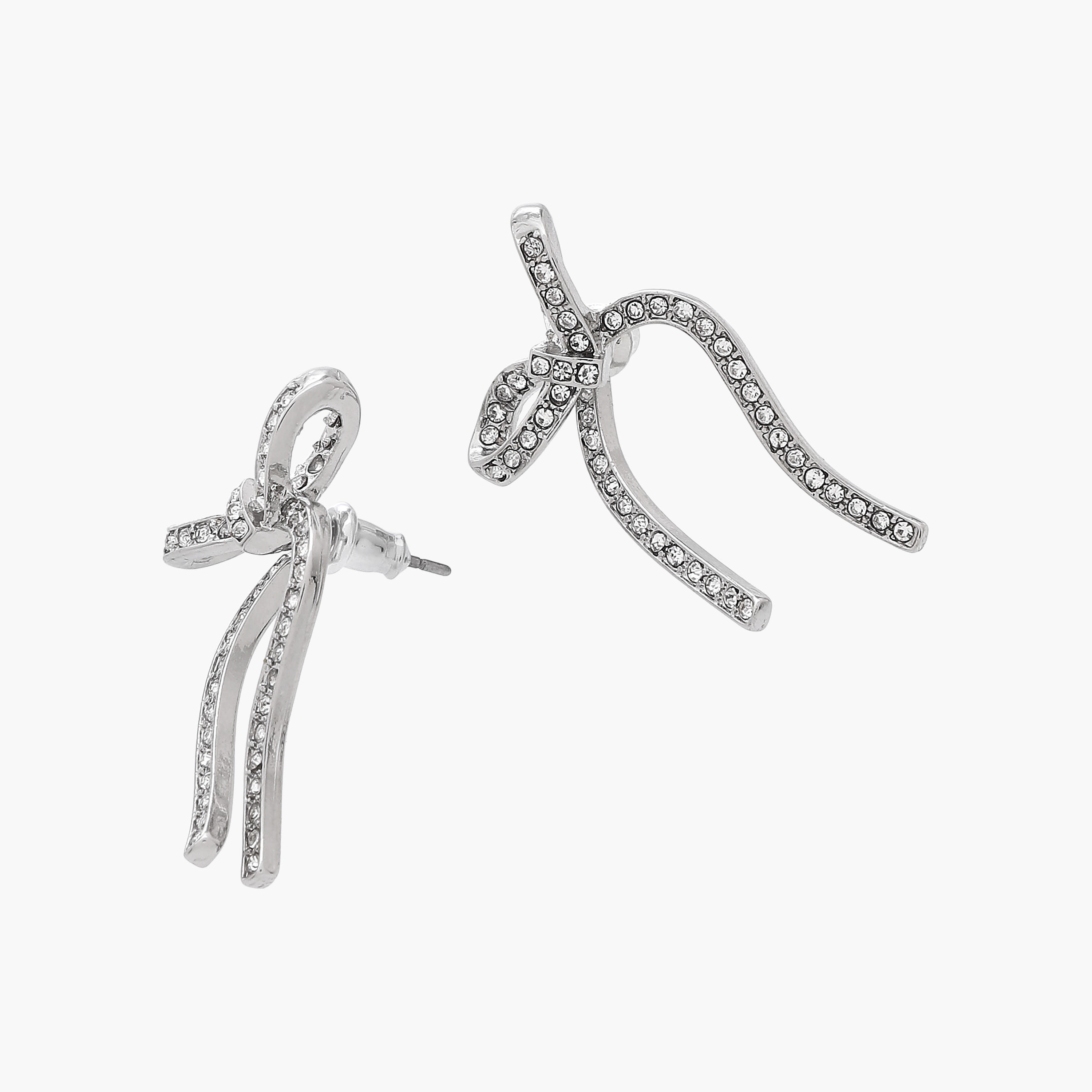 Silver Tone Stone Embellished Bow Earrings with Pushback Closure-women-watchesandjewellery-jewellery-earrings-image-3