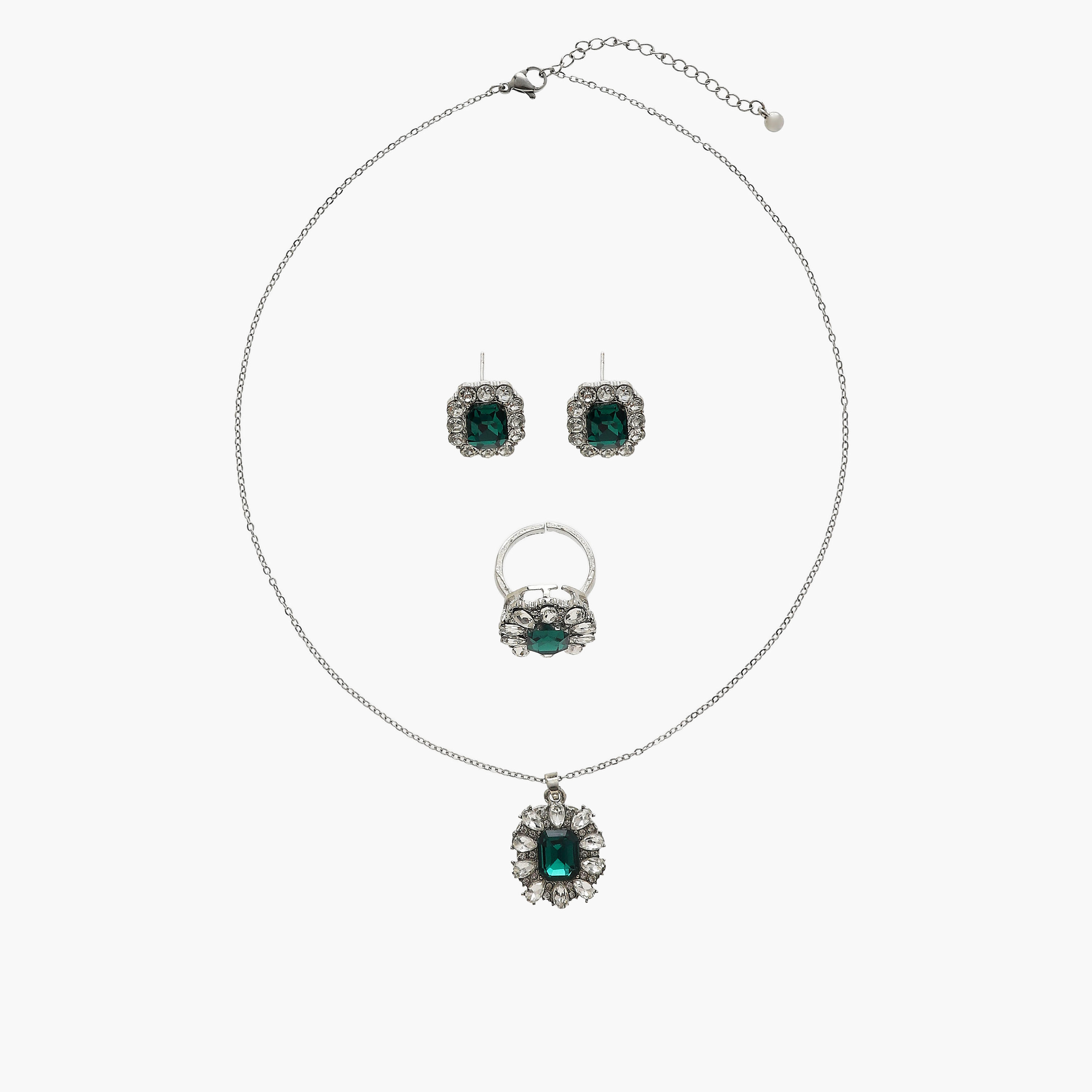 Set of 3 Diamante Embellished Metal Necklace, Earrings and Ring-women-watchesandjewellery-jewellery-jewellerysets-image-1