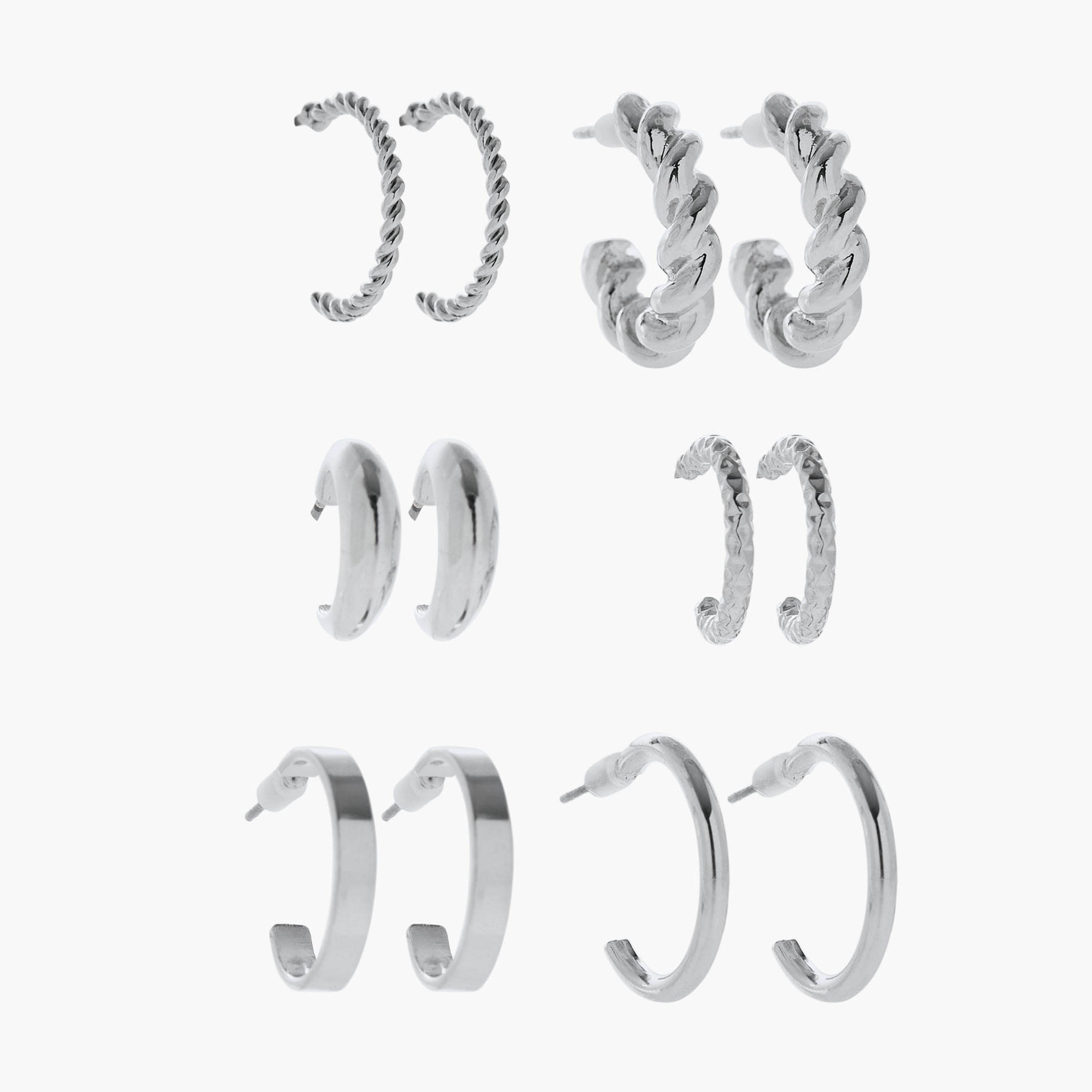 حلقان طوق بلون فضي ومكبس إغلاق - عبوة 6 قطع-women-watchesandjewellery-jewellery-earrings-image-1